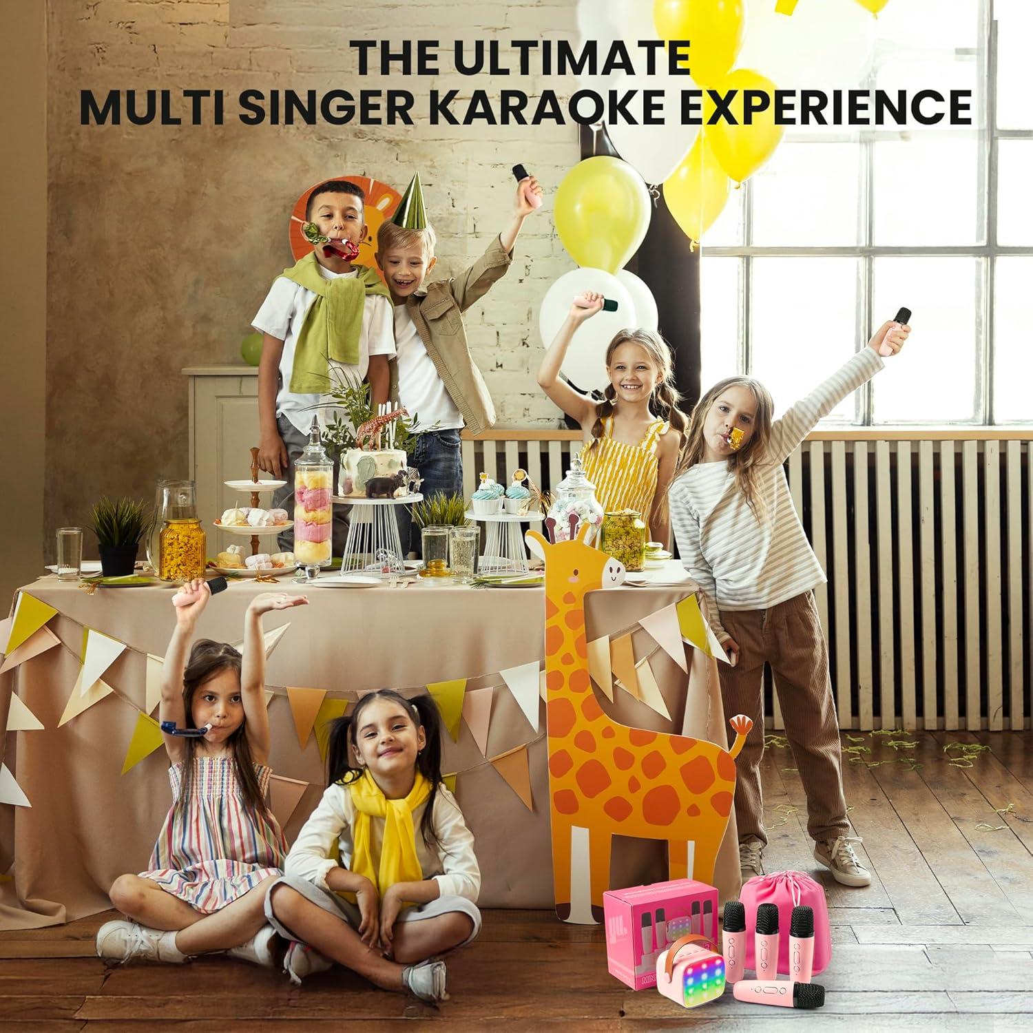 YLL Mini Máquina de Karaoke Rosa con 4 Micrófonos Inalámbricos