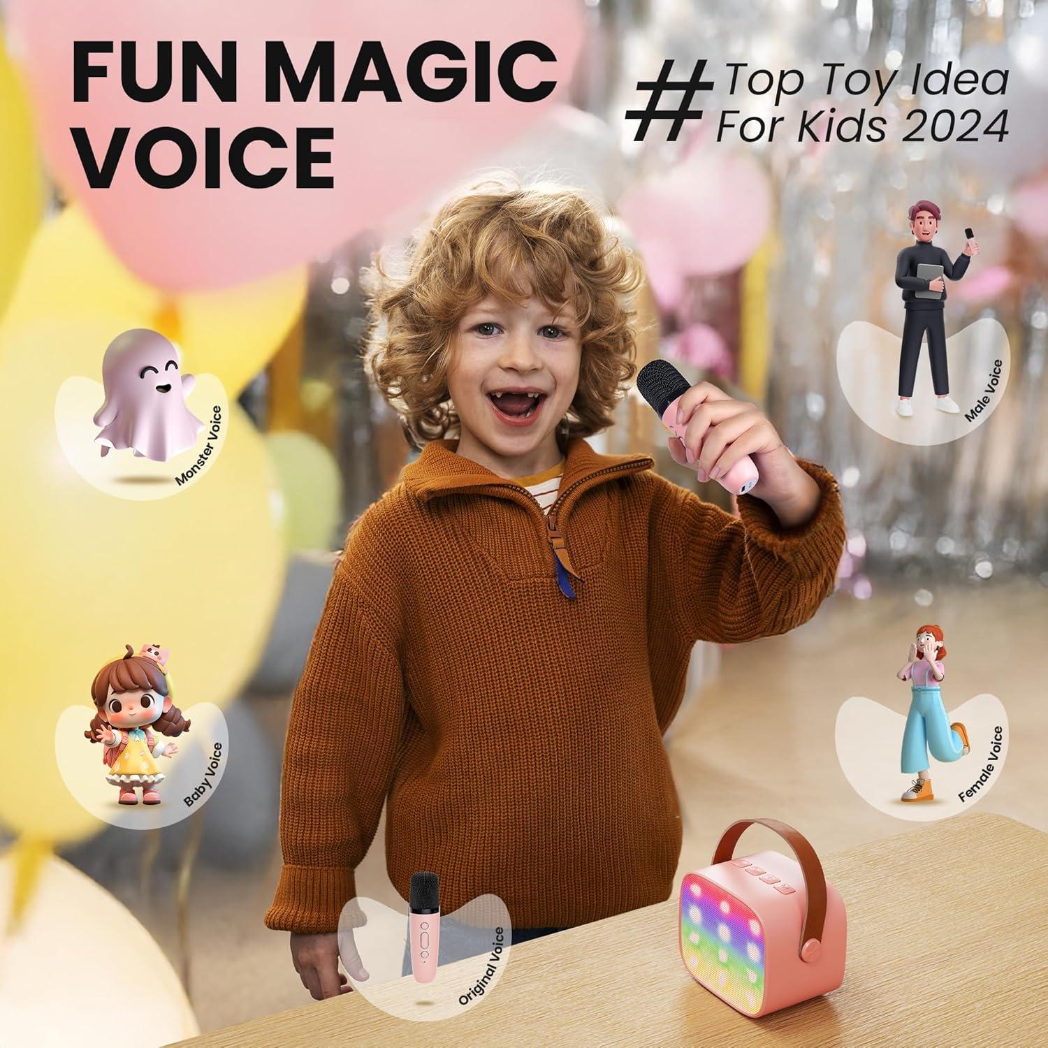 YLL Mini Máquina de Karaoke Rosa con 4 Micrófonos Inalámbricos