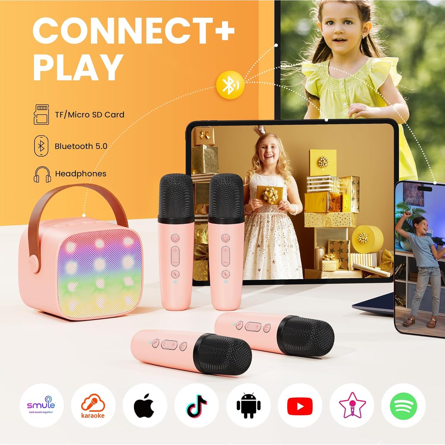 YLL Mini Máquina de Karaoke Rosa con 4 Micrófonos Inalámbricos