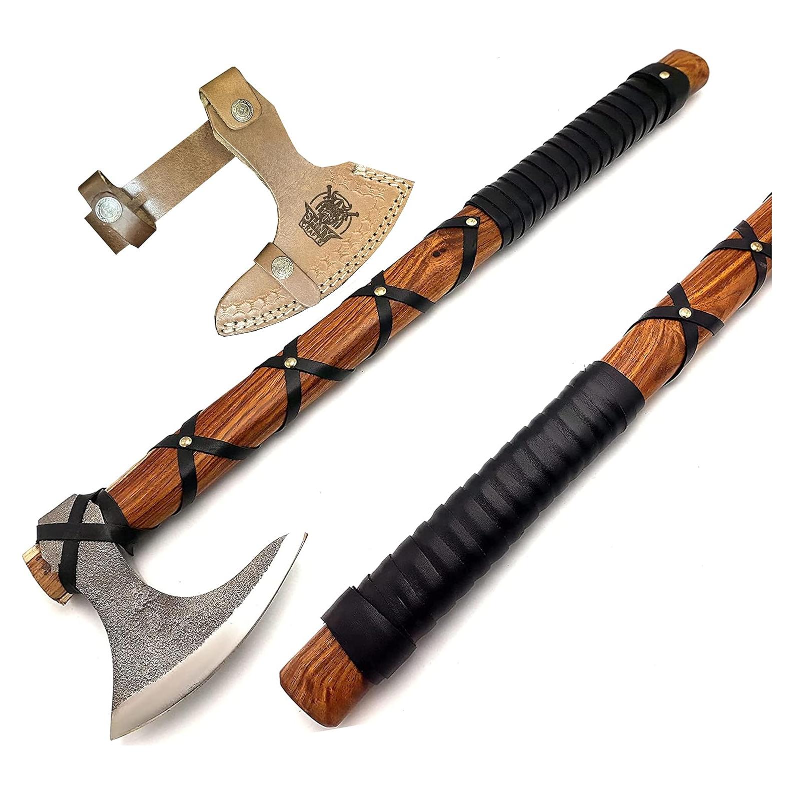 SHINY CRAFTS | Custom Handmade Carbon Steel Viking Axe,Valentine's Day Gift,Christmas Gift,Birthday gift for him with Premium Leather wrapped Handle and Leather Sheath (SCA-15)