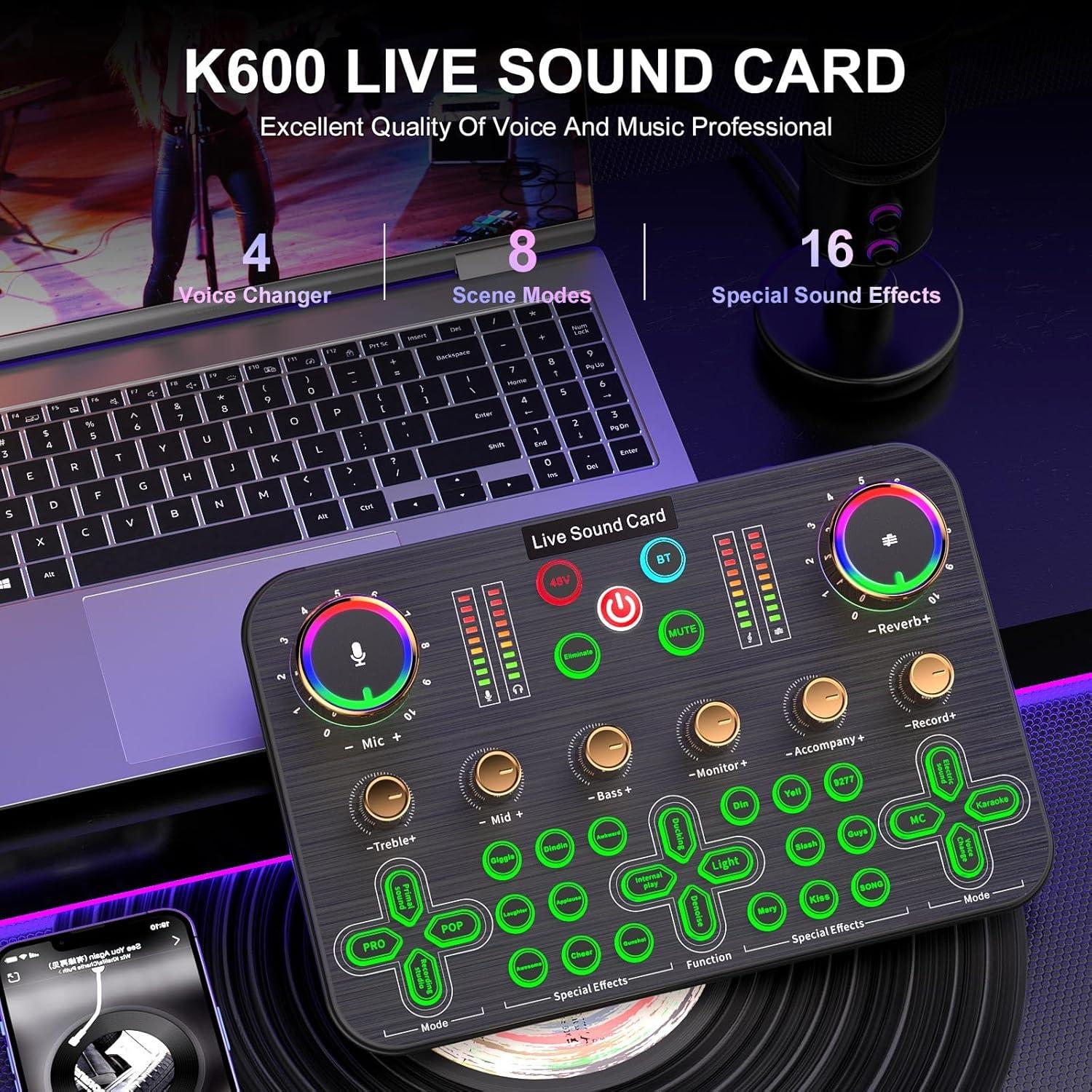 Mezclador de Audio Facmogu K600 para Streaming y Podcasting