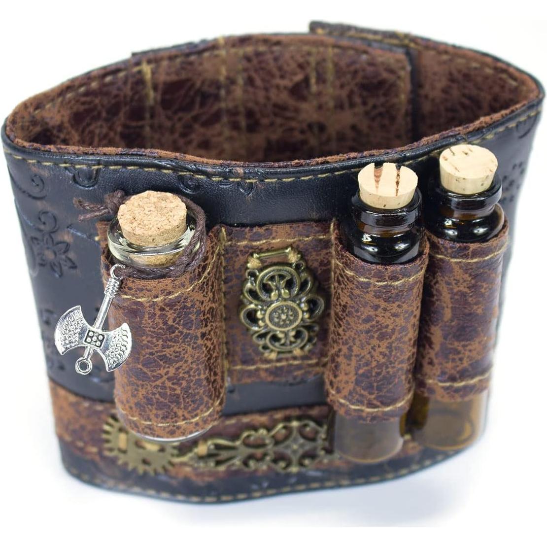 Muñequera Arm Bracer Cuff de Cuero Sintético con Frascos Vidrio