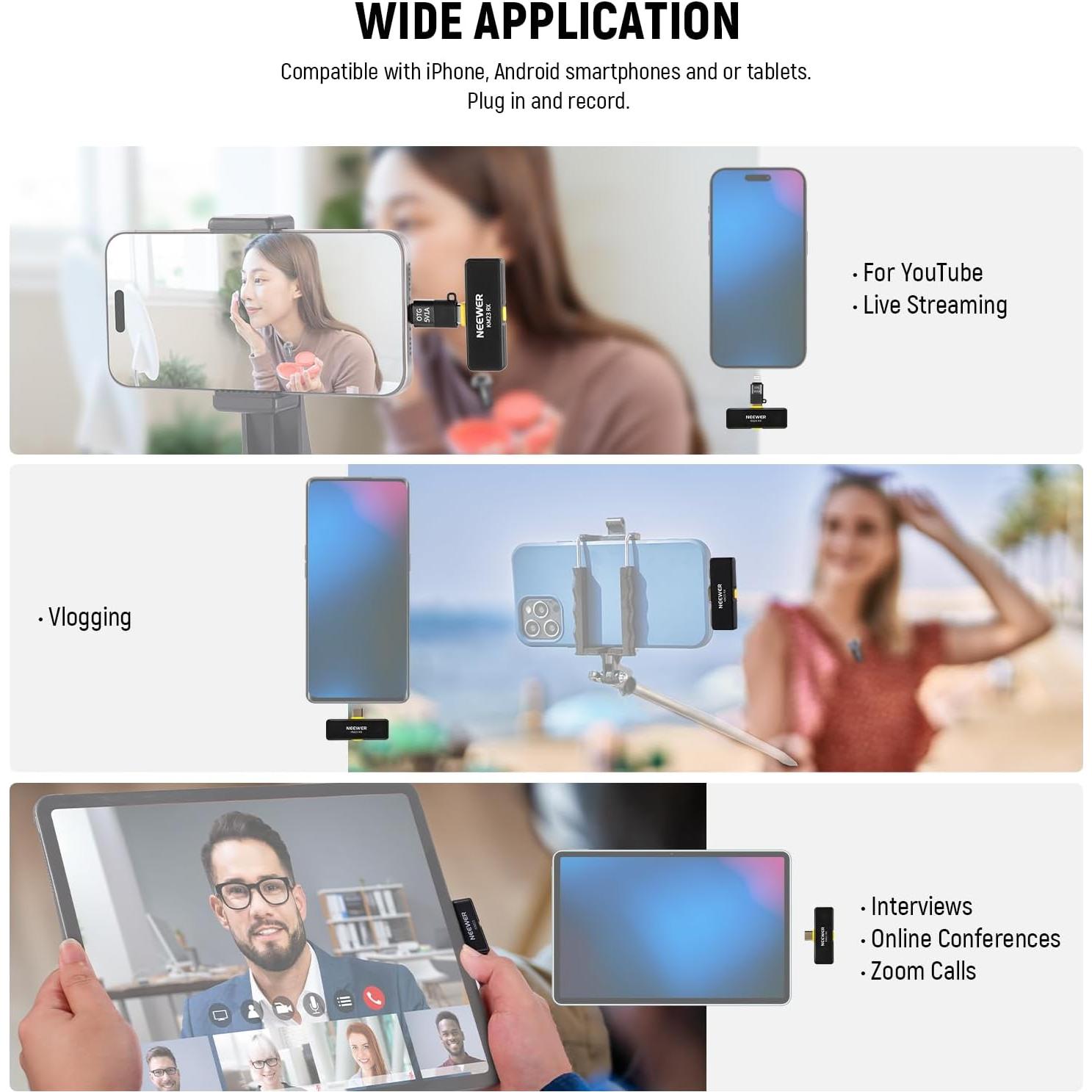 Micrófono Lavalier Inalámbrico NEEWER KM23 40m Rango 2 Transmisores