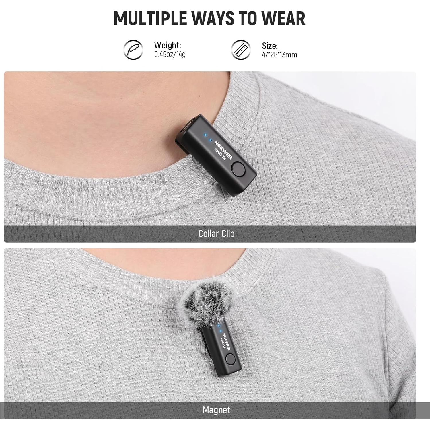 Micrófono Lavalier Inalámbrico NEEWER KM23 40m Rango 2 Transmisores