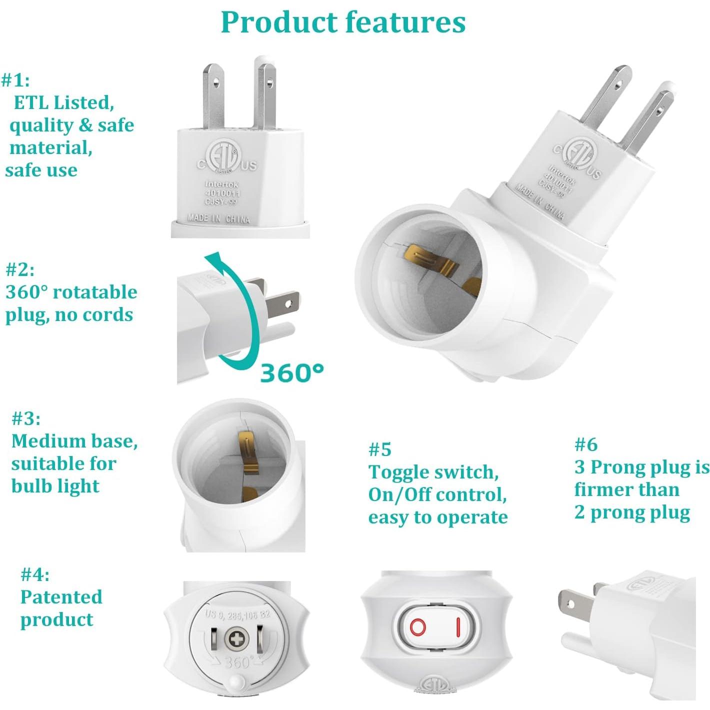 Adaptador de Enchufe Rotatable 360° Borju, Blanco, 60W