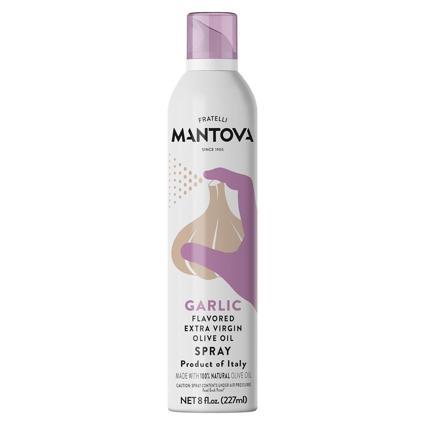 Mantova Extra Virgin Olive Oil Spray Garlic Flavored 8 oz. Spray Bottle - Manage Oil Amount - Great For Salads & Cooking