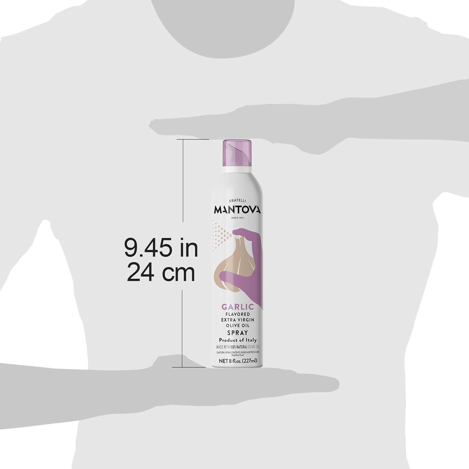 Mantova Extra Virgin Olive Oil Spray Garlic Flavored 8 oz. Spray Bottle - Manage Oil Amount - Great For Salads & Cooking