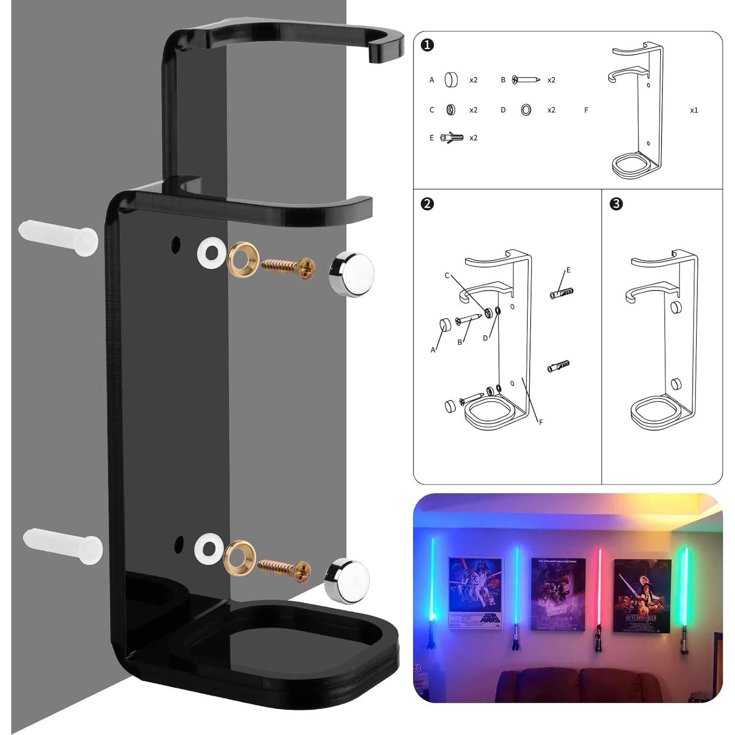 Cosmos 1 Pc Lightsaber Wall Mount Stand Light Saber Display Rack Wall Holder, Acrylic Lightsaber Display Stand Lightsabers Holder Compatible with Most Lightsabers- Screw Hardware Included (Solid Black - 5 cm Dia.)