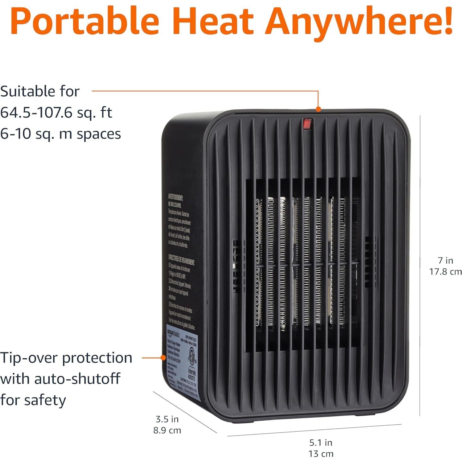 Calentador Eléctrico Cerámico Amazon Basics 520W Negro 10m²