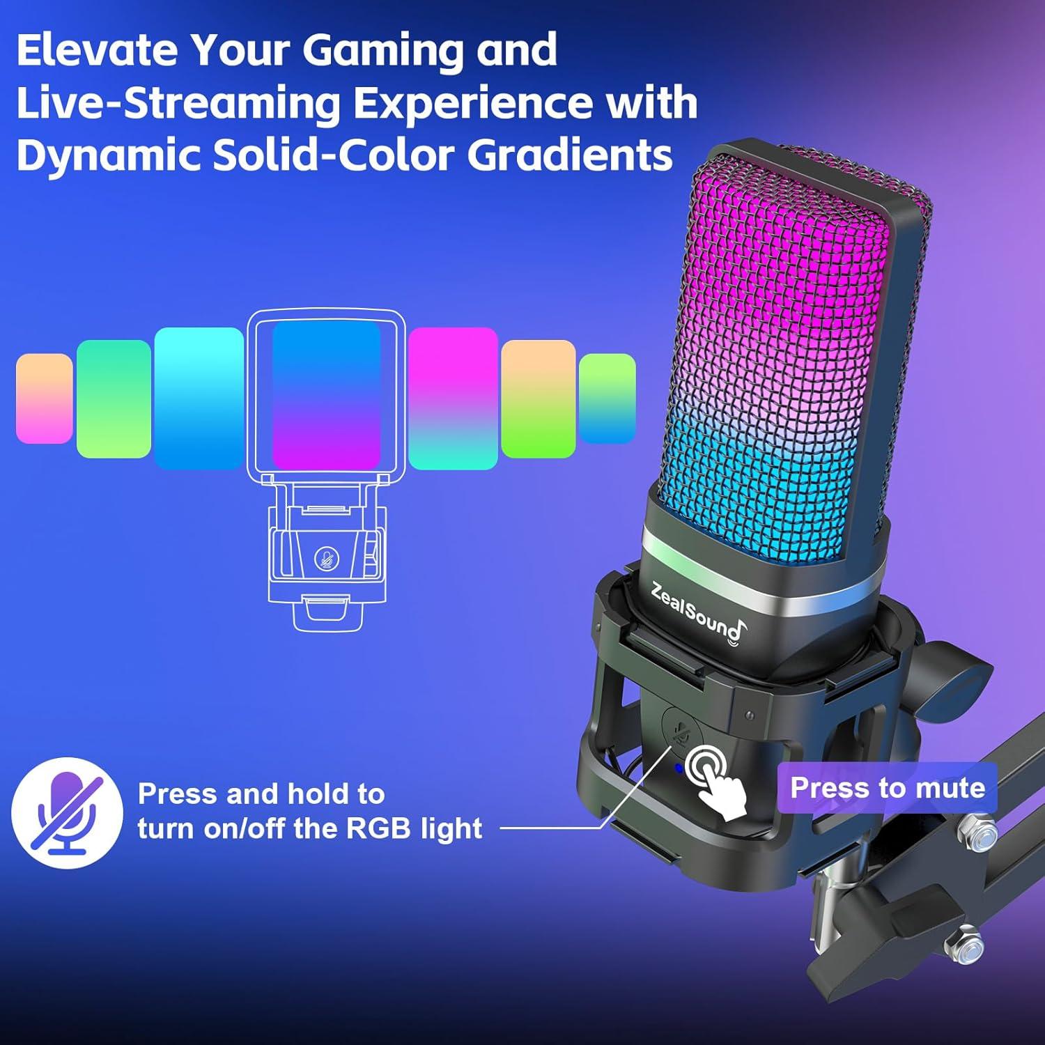 Micrófono USB Gaming ZealSound BKD-11 RGB con Filtro Antipop