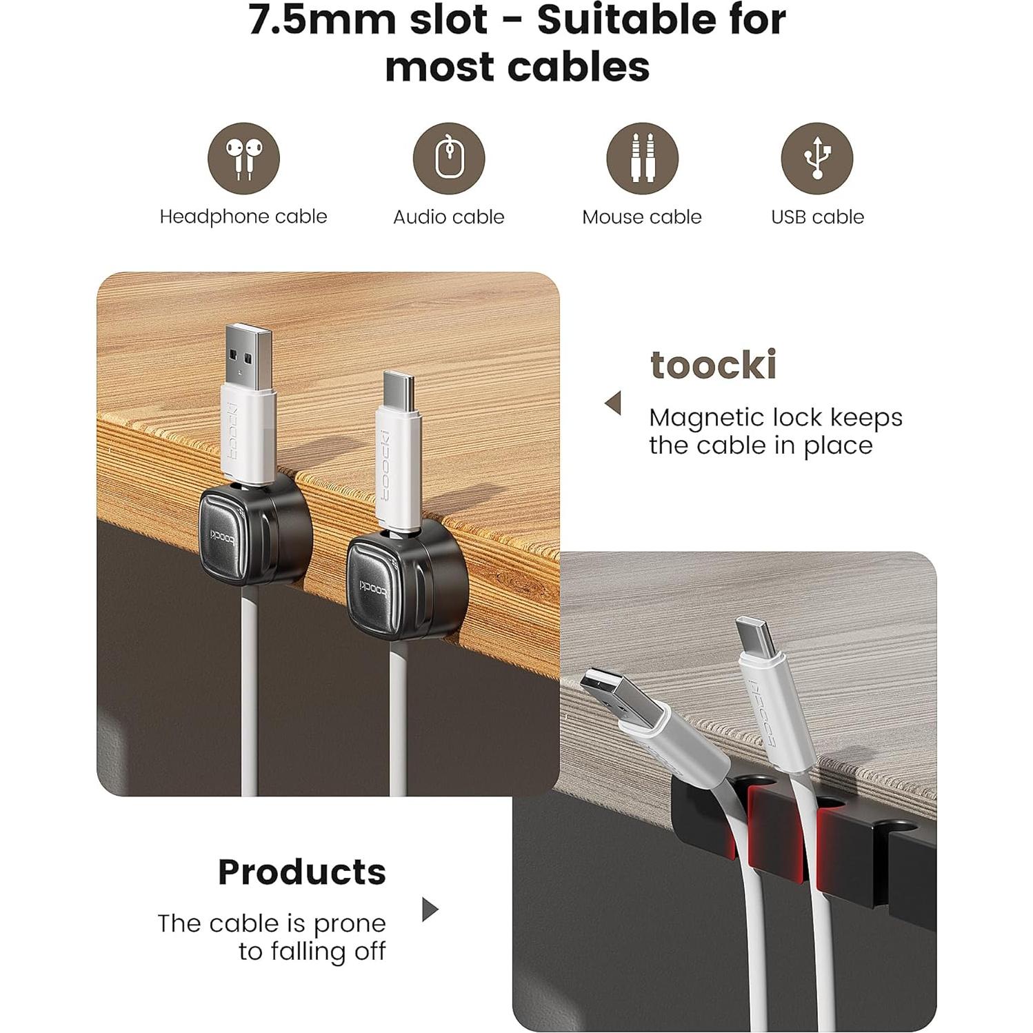 Paquete de 6 Clips Magnéticos para Cables Toocki - Negro