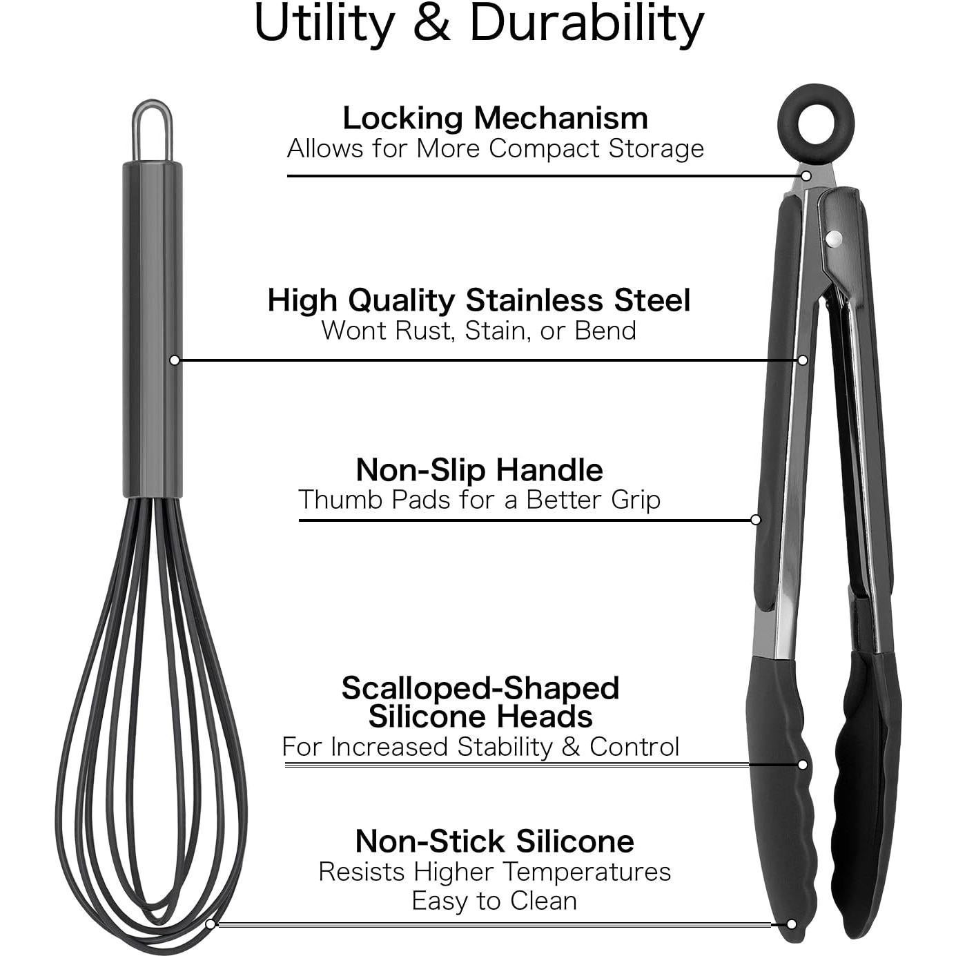 Set de Pinzas y Batidor Cocina Country Acero Inoxidable Negro