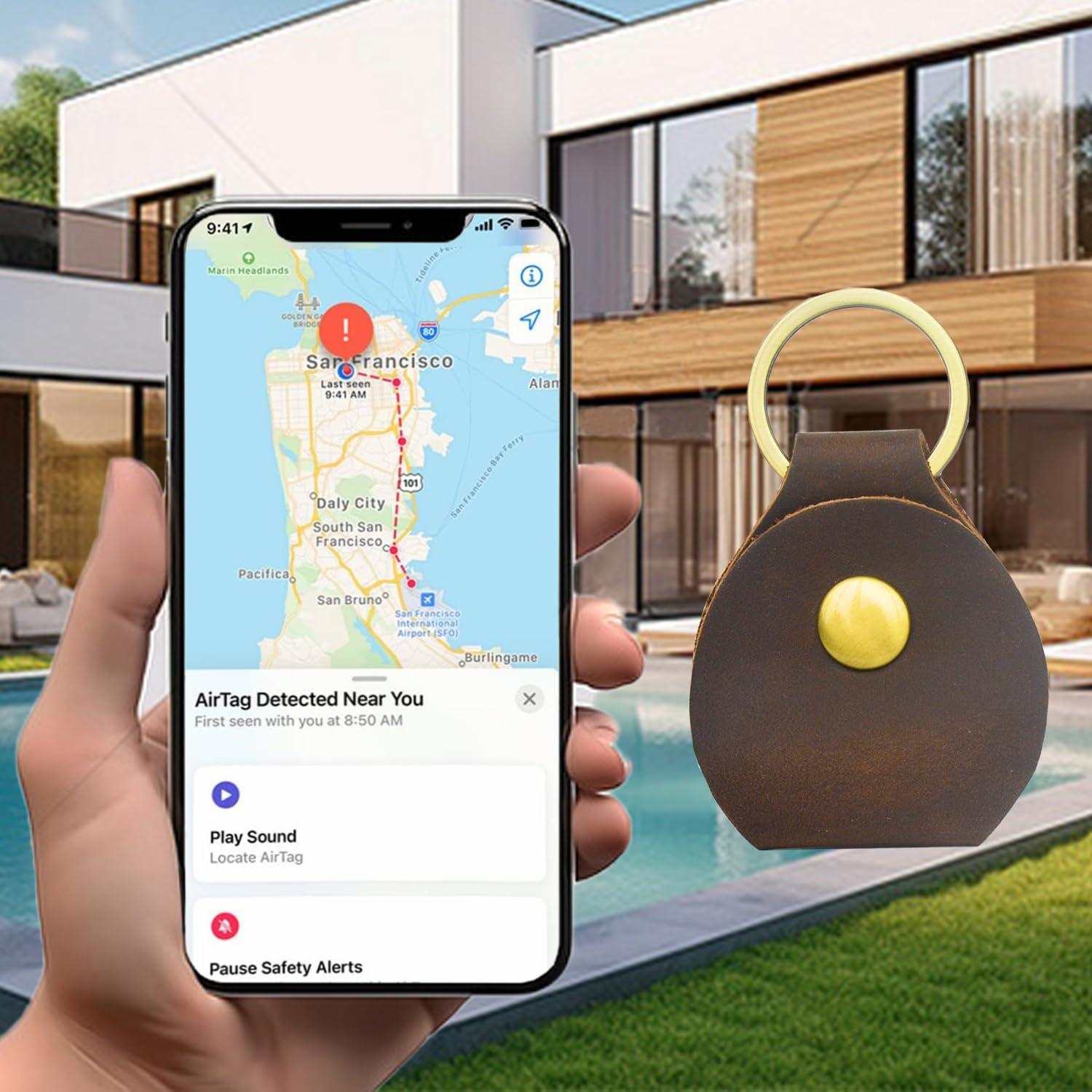 Soporte para llavero de cuero genuino APY para Airtag Marrón