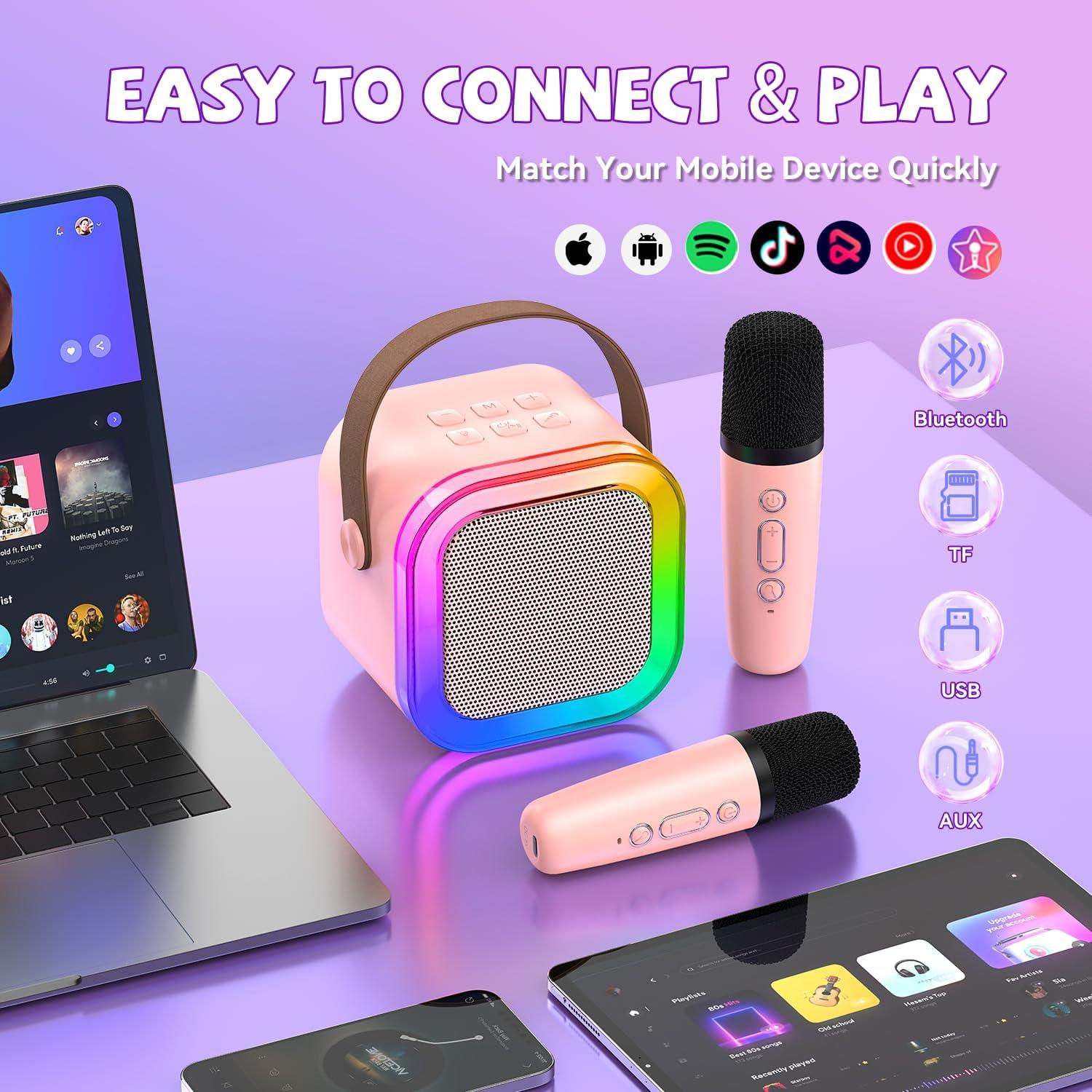 Mini Máquina de Karaoke Rosa CscyyAmz con 2 Micrófonos
