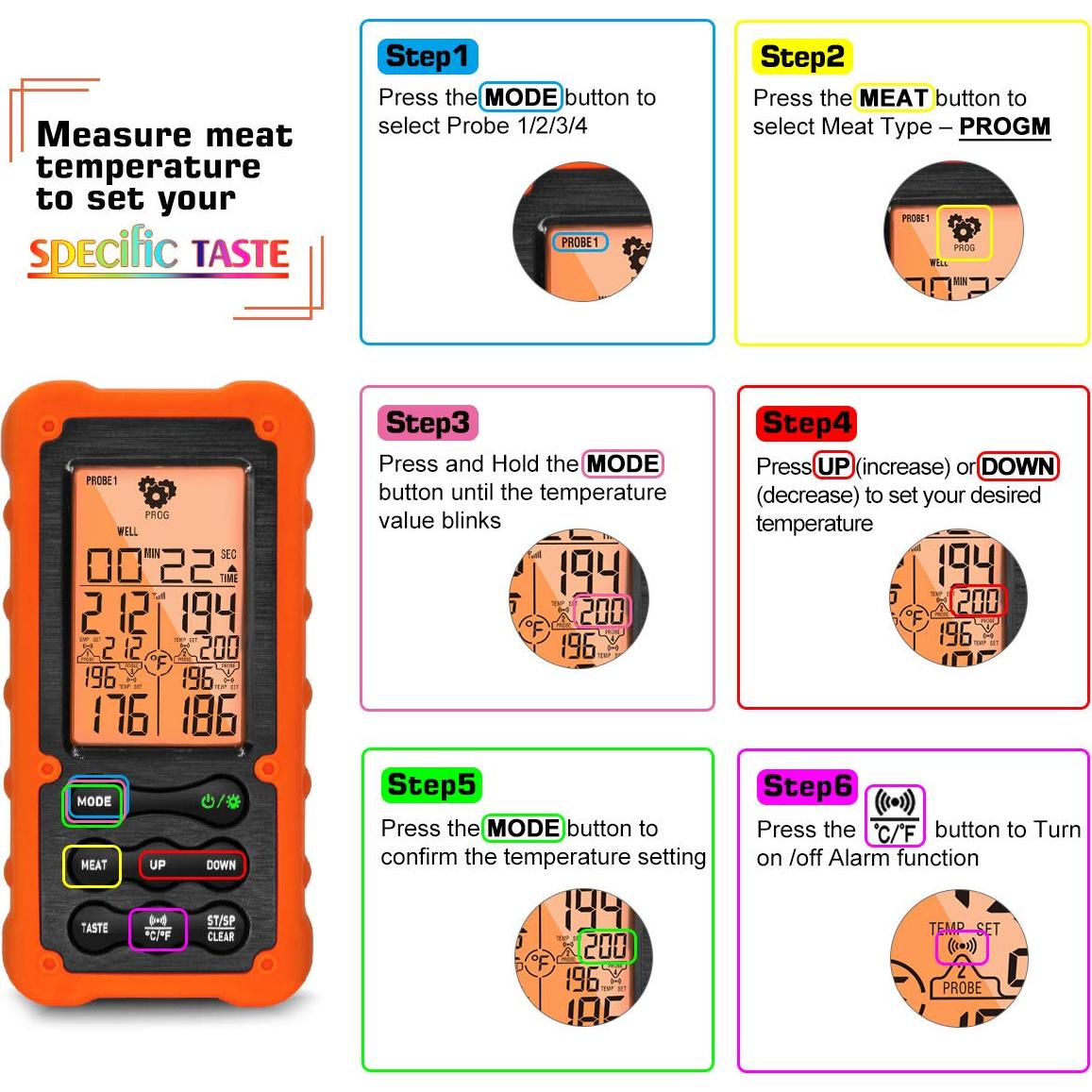 Termómetro Digital Inalámbrico VAUNO EN2058-4 para Carne BBQ