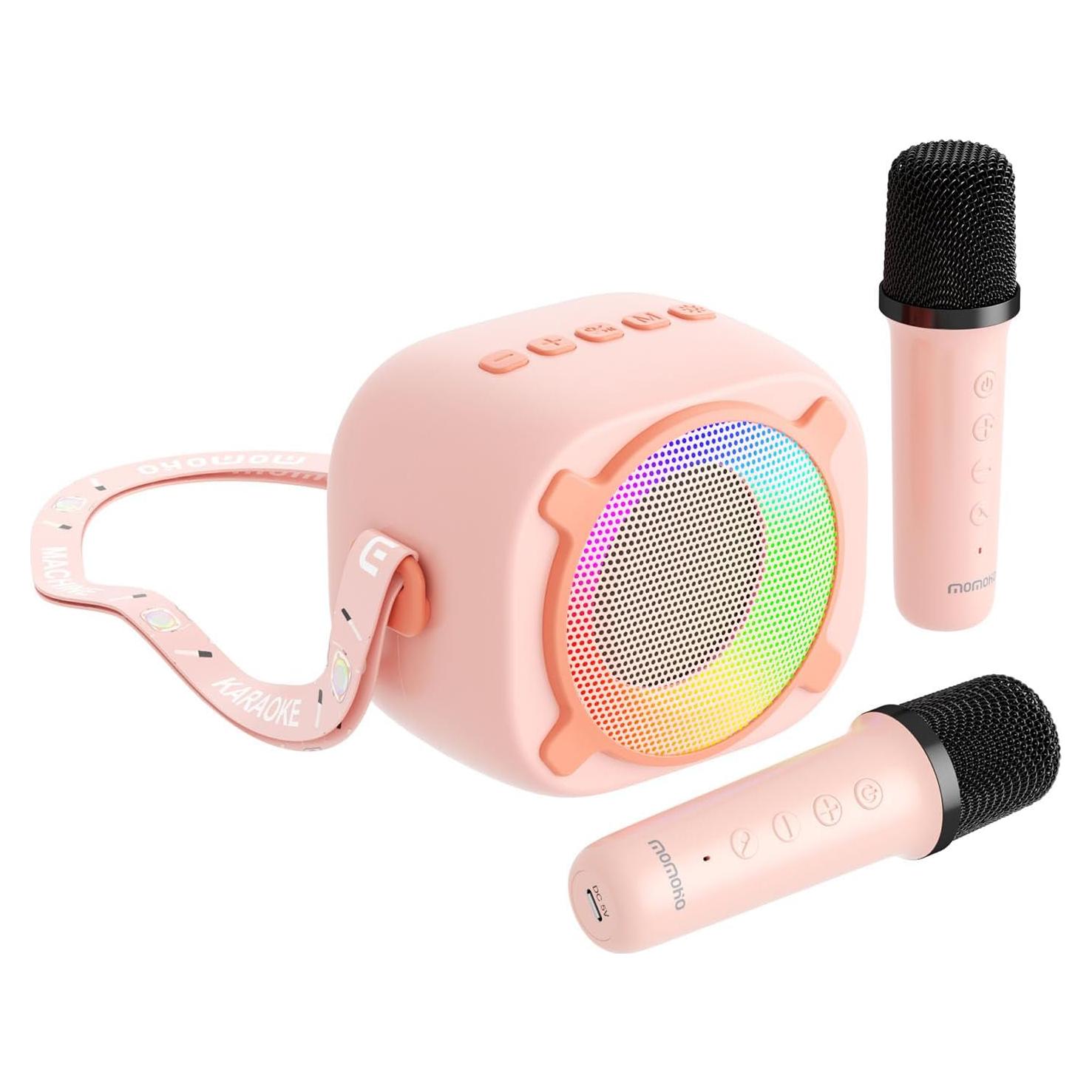 Karaoke Portátil Rosa B68 con 2 Micrófonos Inalámbricos