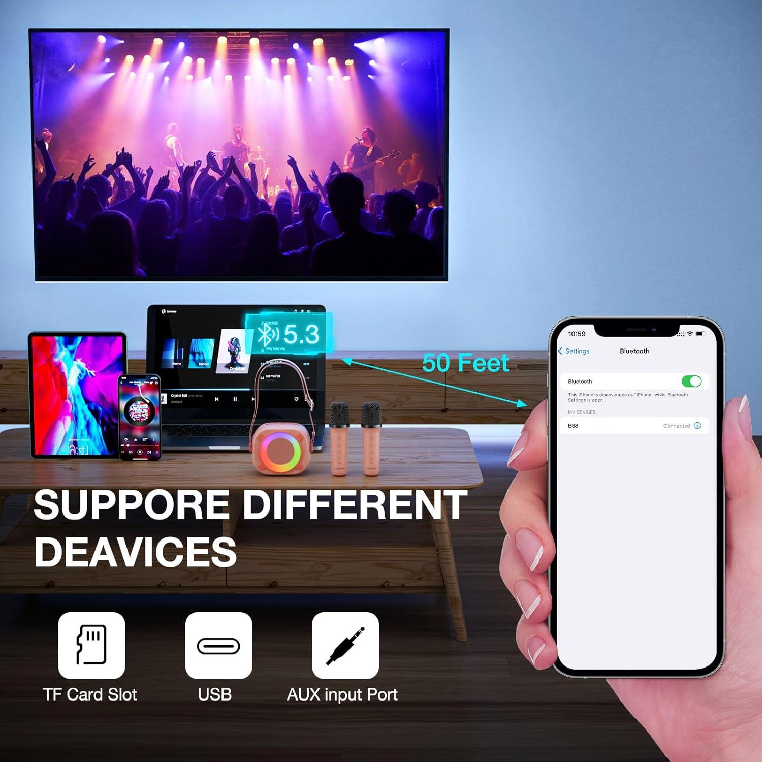 Karaoke Portátil Rosa B68 con 2 Micrófonos Inalámbricos