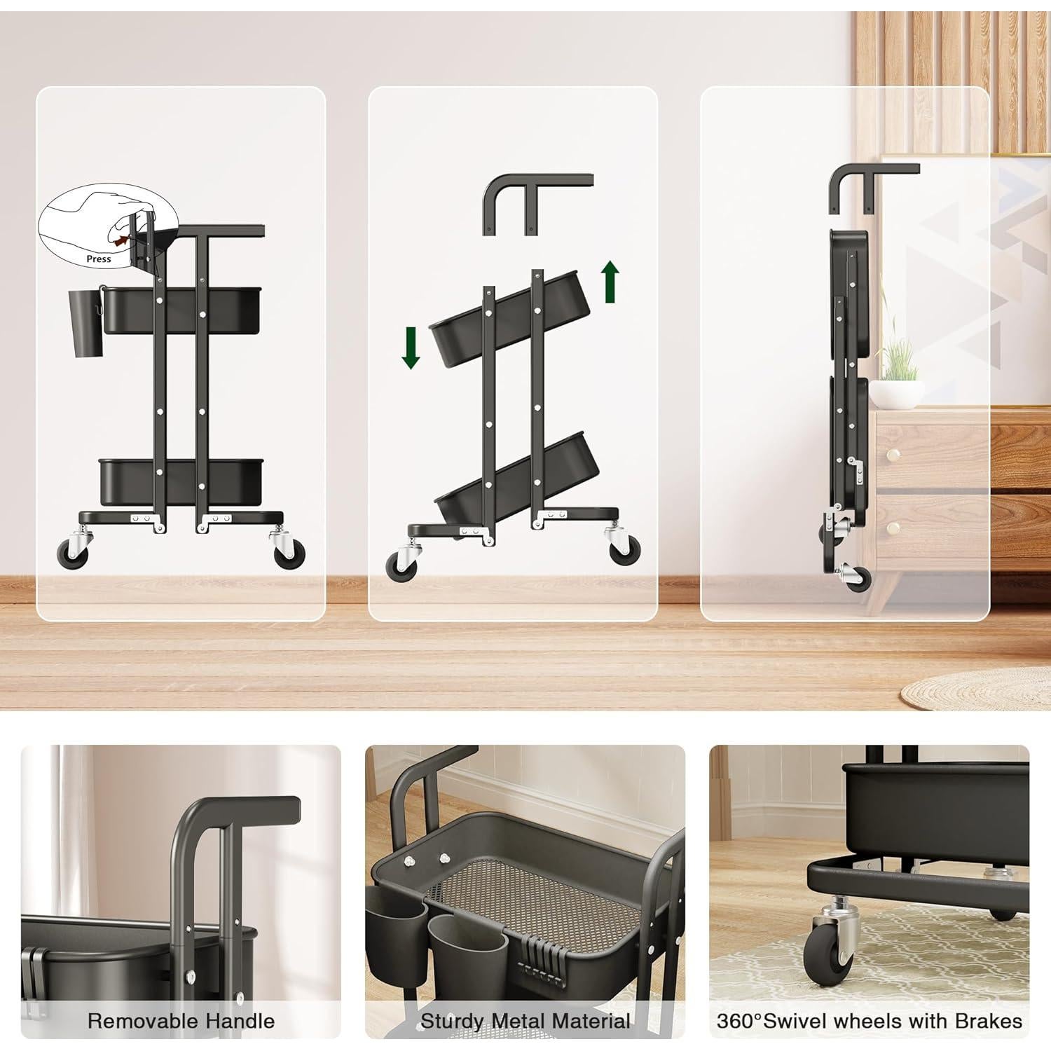 Carro Rodante Plegable DTK 2 Niveles Metal Negro 61.5 cm