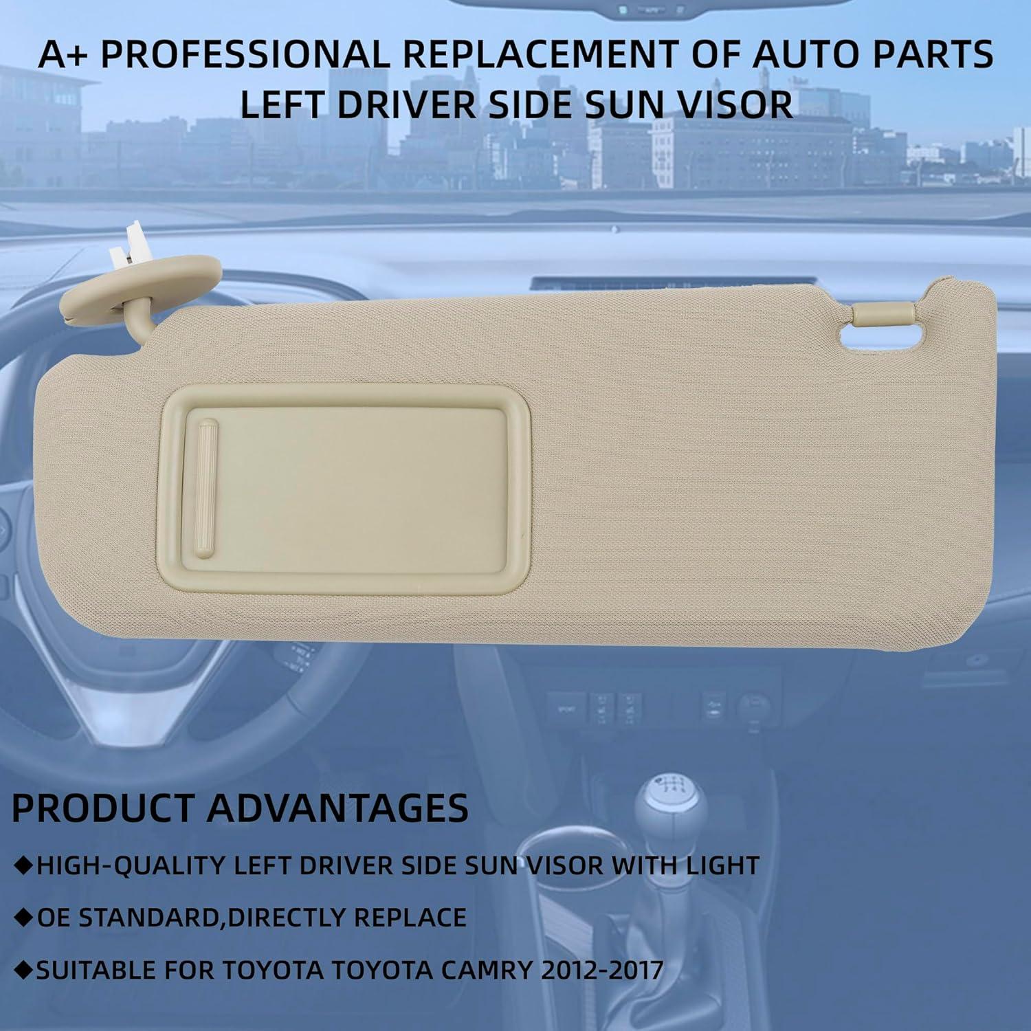 Dasbecan Left Driver Side Sun Visor with Light Compatible with Toyota Camry 2012-2017 Beige Replaces 74320-06610-B1 74320-06610-B2 74320-06611-B2 74320-33F40-B0