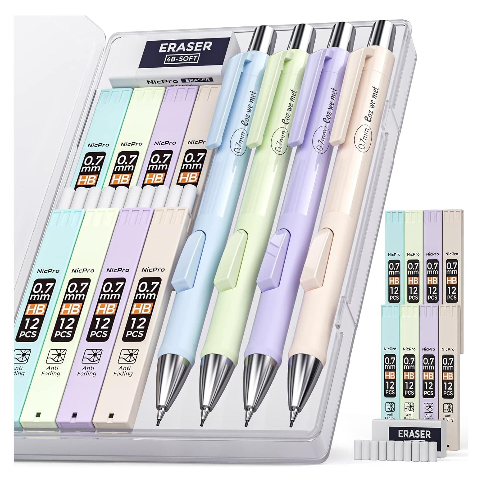 Lápiz Mecánico Nicpro 0.7mm Pastel 4 Pcs con Recargas