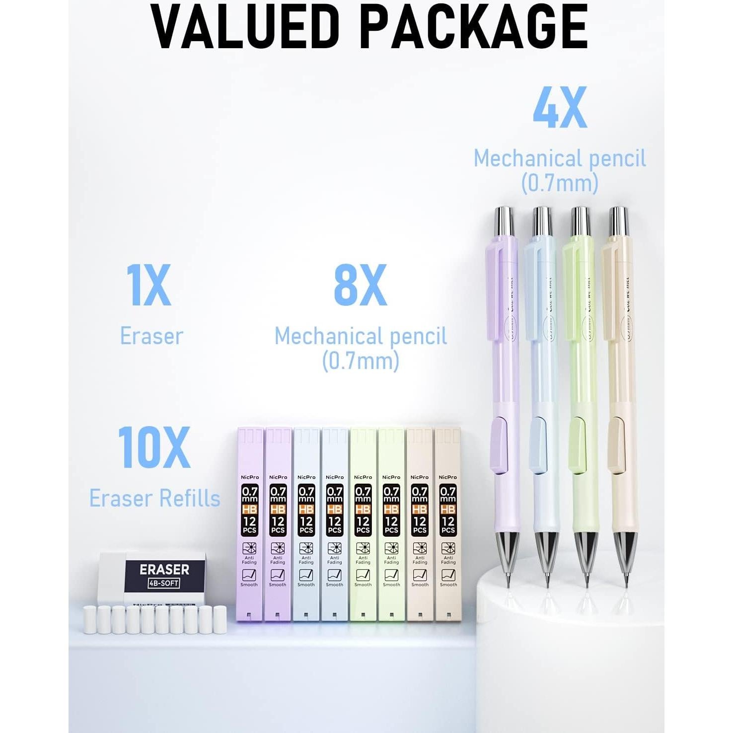 Lápiz Mecánico Nicpro 0.7mm Pastel 4 Pcs con Recargas