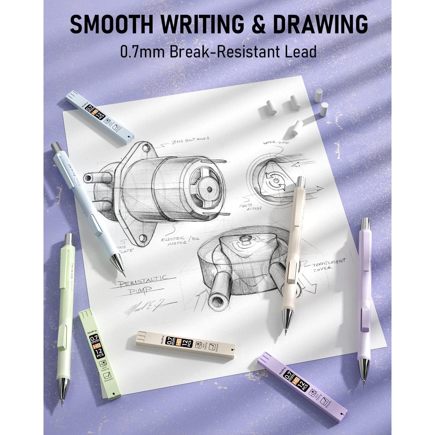 Lápiz Mecánico Nicpro 0.7mm Pastel 4 Pcs con Recargas