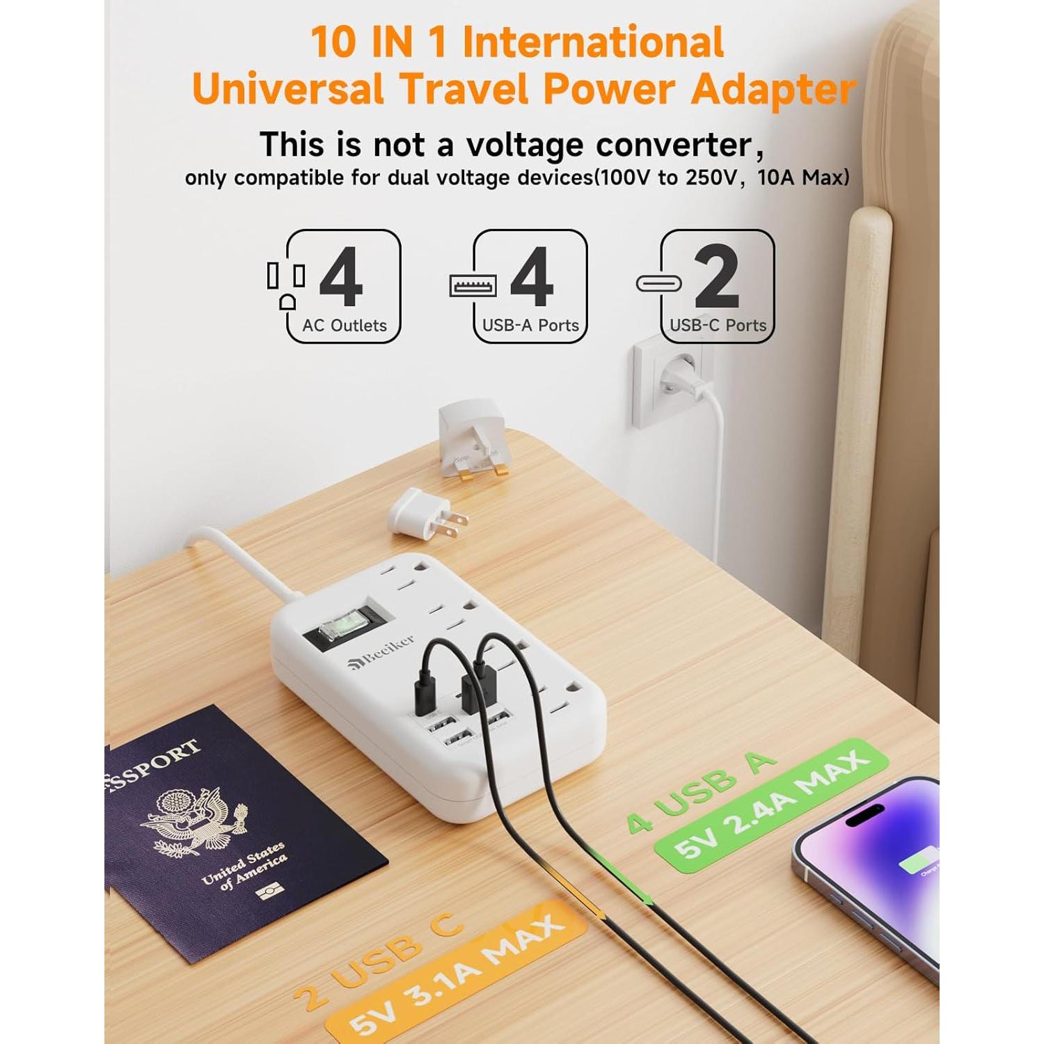 Adaptador de Enchufe de Viaje Universal BEEIKER 6 USB 3FT