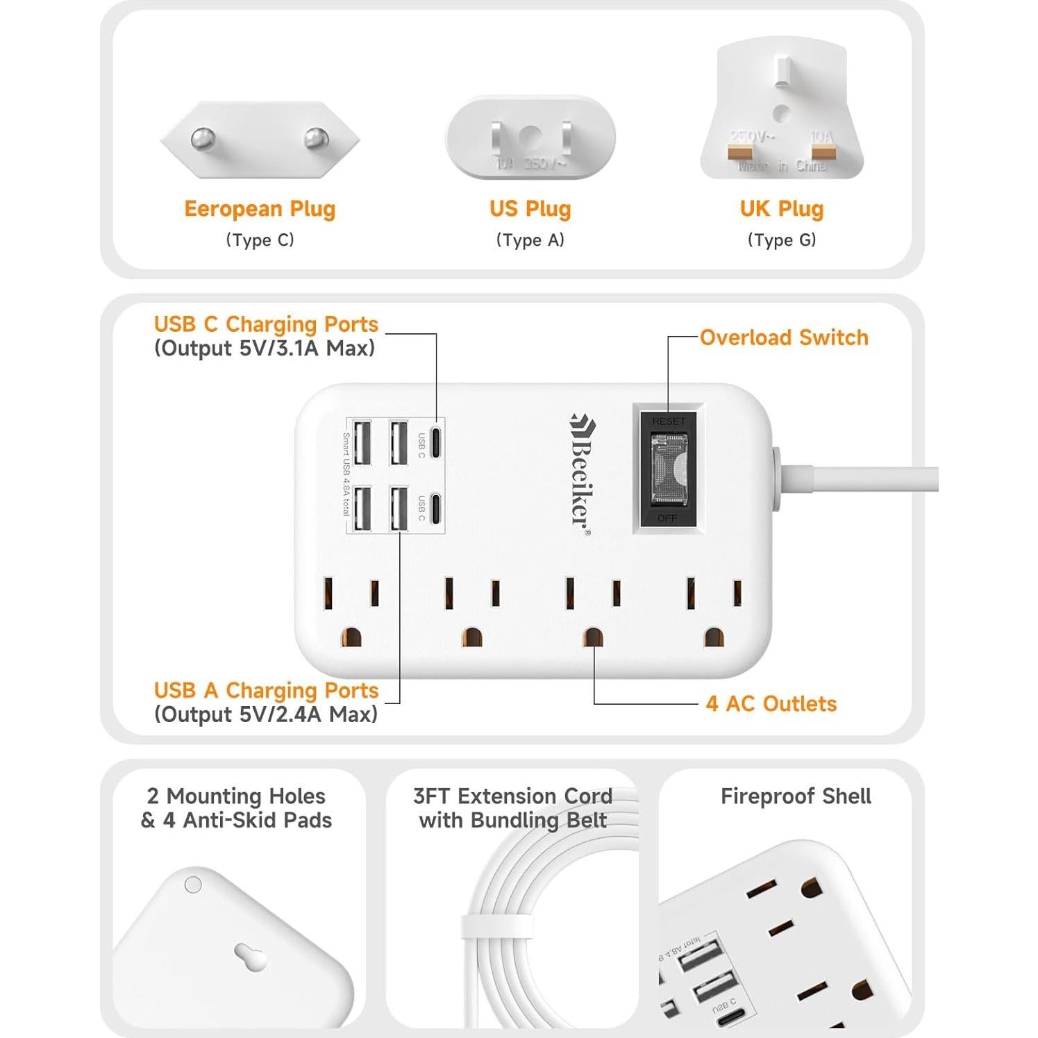 Adaptador de Enchufe de Viaje Universal BEEIKER 6 USB 3FT