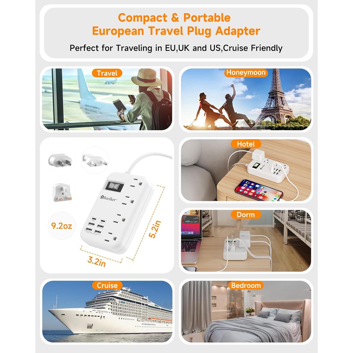 Adaptador de Enchufe de Viaje Universal BEEIKER 6 USB 3FT