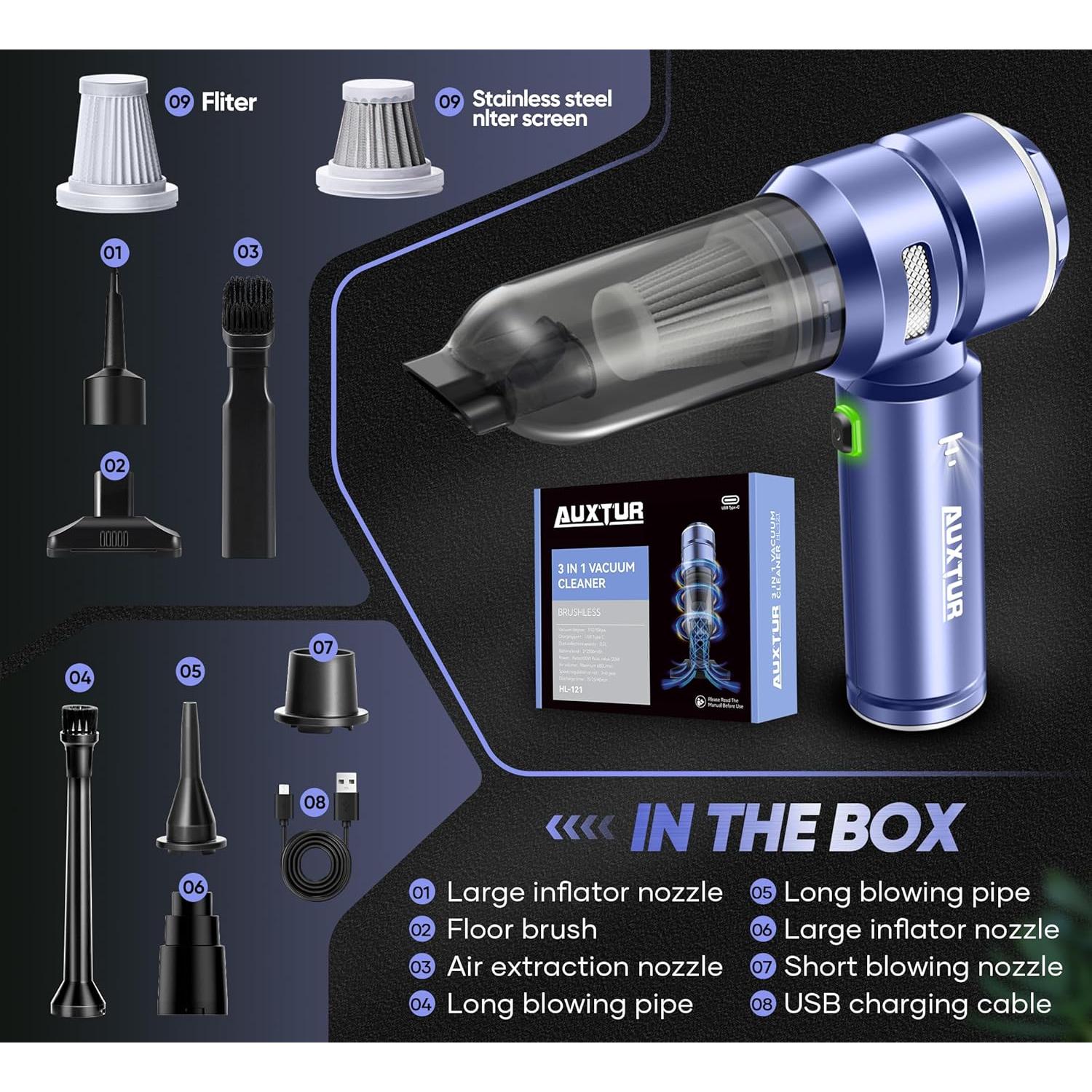 Aspiradora de Mano Inalámbrica AUXTUR 3 en 1 15000PA Gris