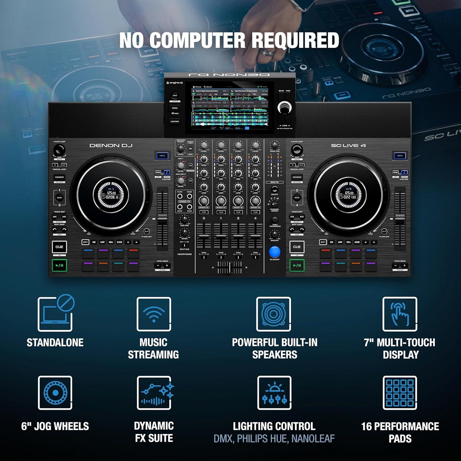 Controlador DJ Denon SC LIVE 4 con altavoces y Wi-Fi