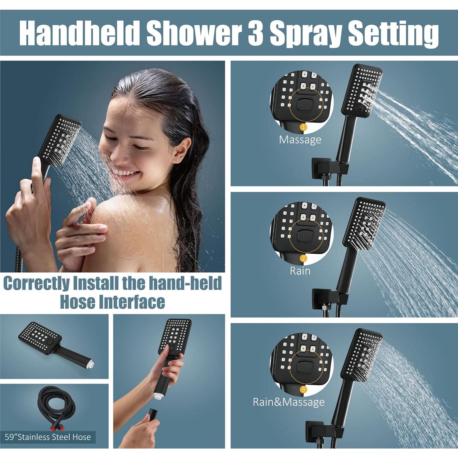 Sistema de Ducha Aolemi Negro Mate 12 Pulgadas Montaje Techo