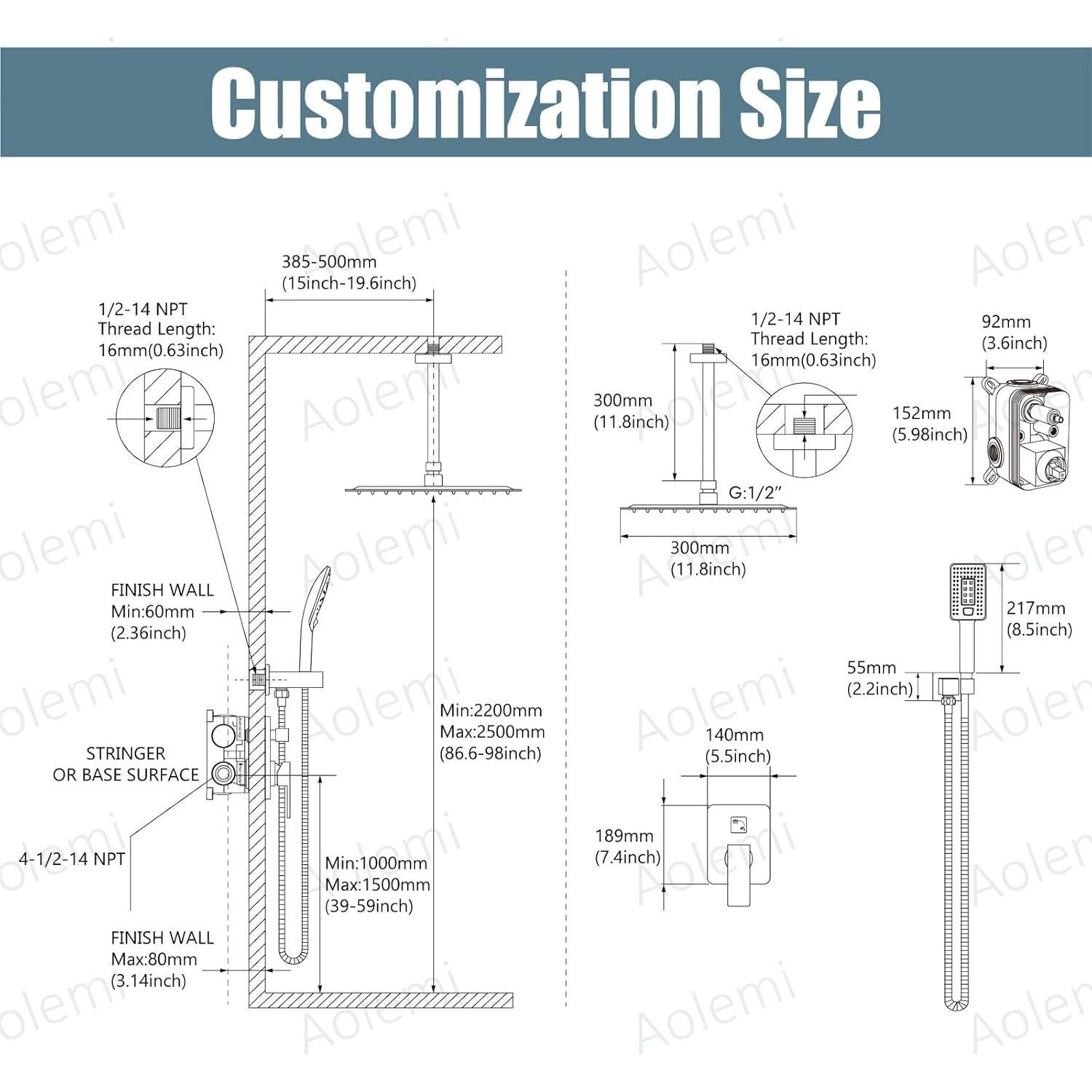 Sistema de Ducha Aolemi Negro Mate 12 Pulgadas Montaje Techo