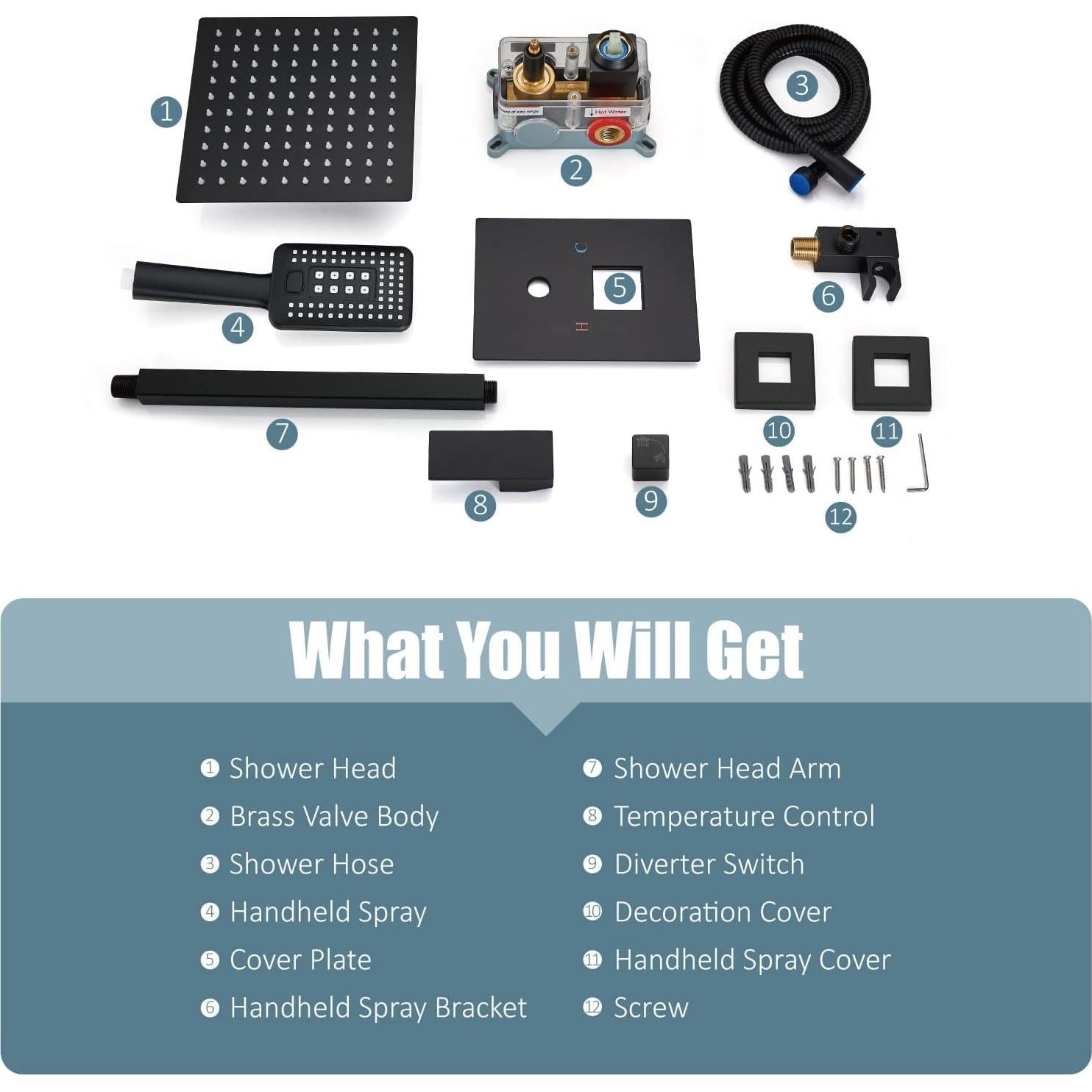 Sistema de Ducha Aolemi Negro Mate 12 Pulgadas Montaje Techo