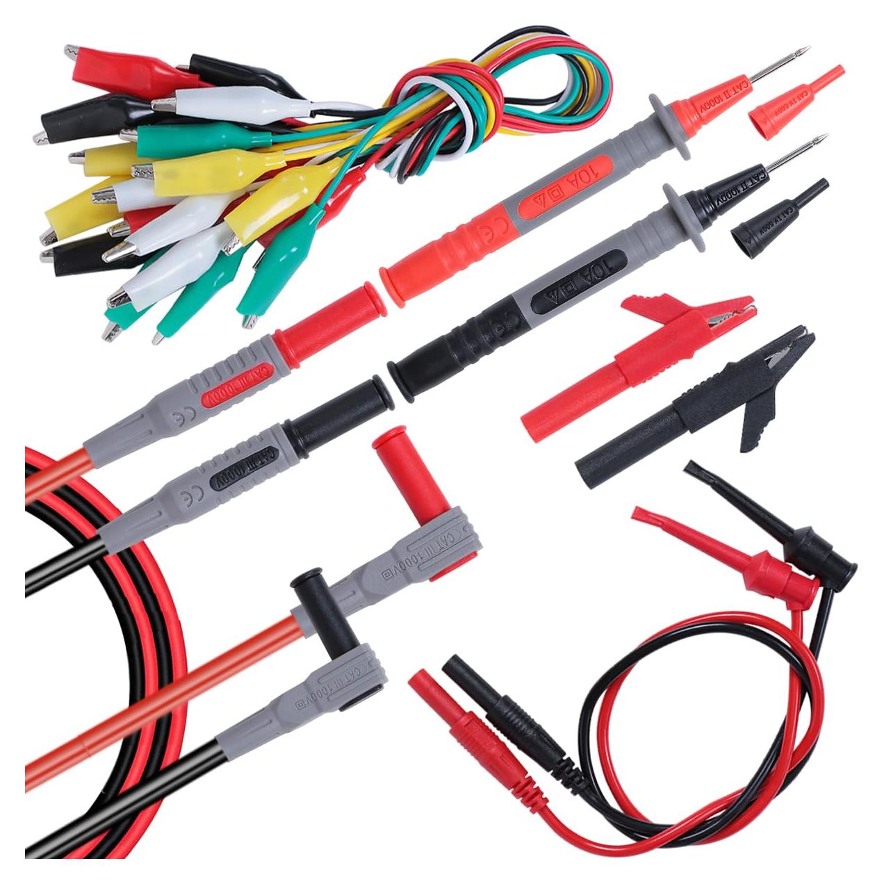TKDMR 18Pcs Soft Silicone Electrician Test Leads Kit CAT III 1000V & CAT IV 600V with Alligator Clips and Needle Probe,5 Colors Jumper Wires