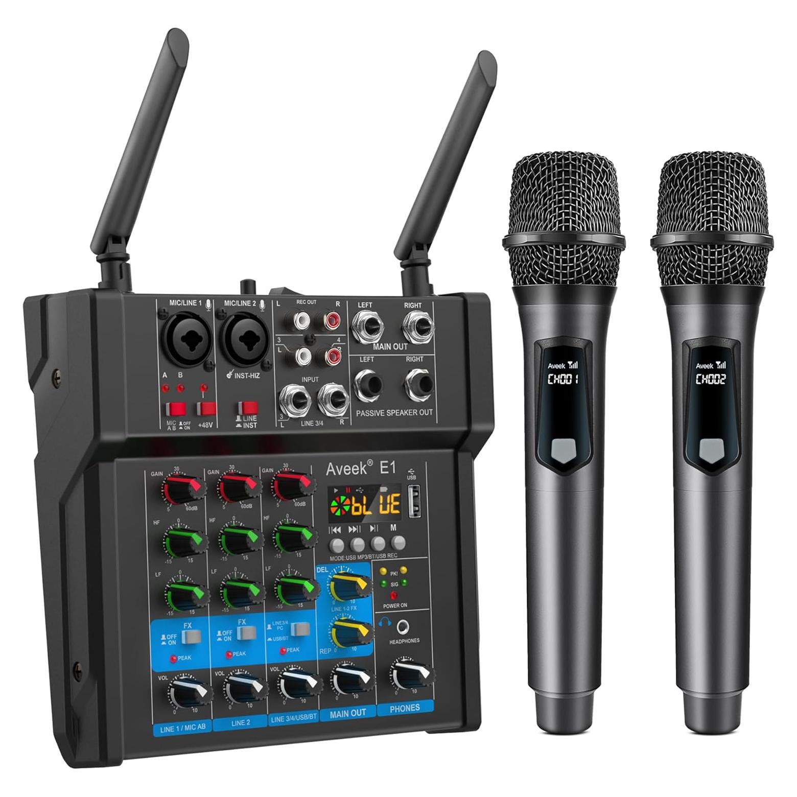 Mezclador de Sonido 4 Canales con Bluetooth y Micrófonos