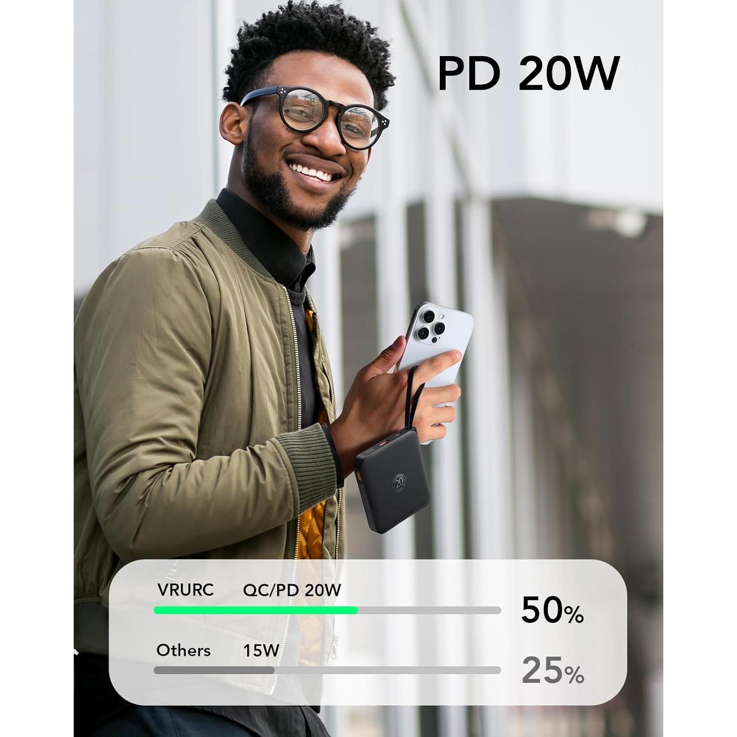 Cargador Portátil VRURC 20000mAh Carga Rápida 22.5W Negro