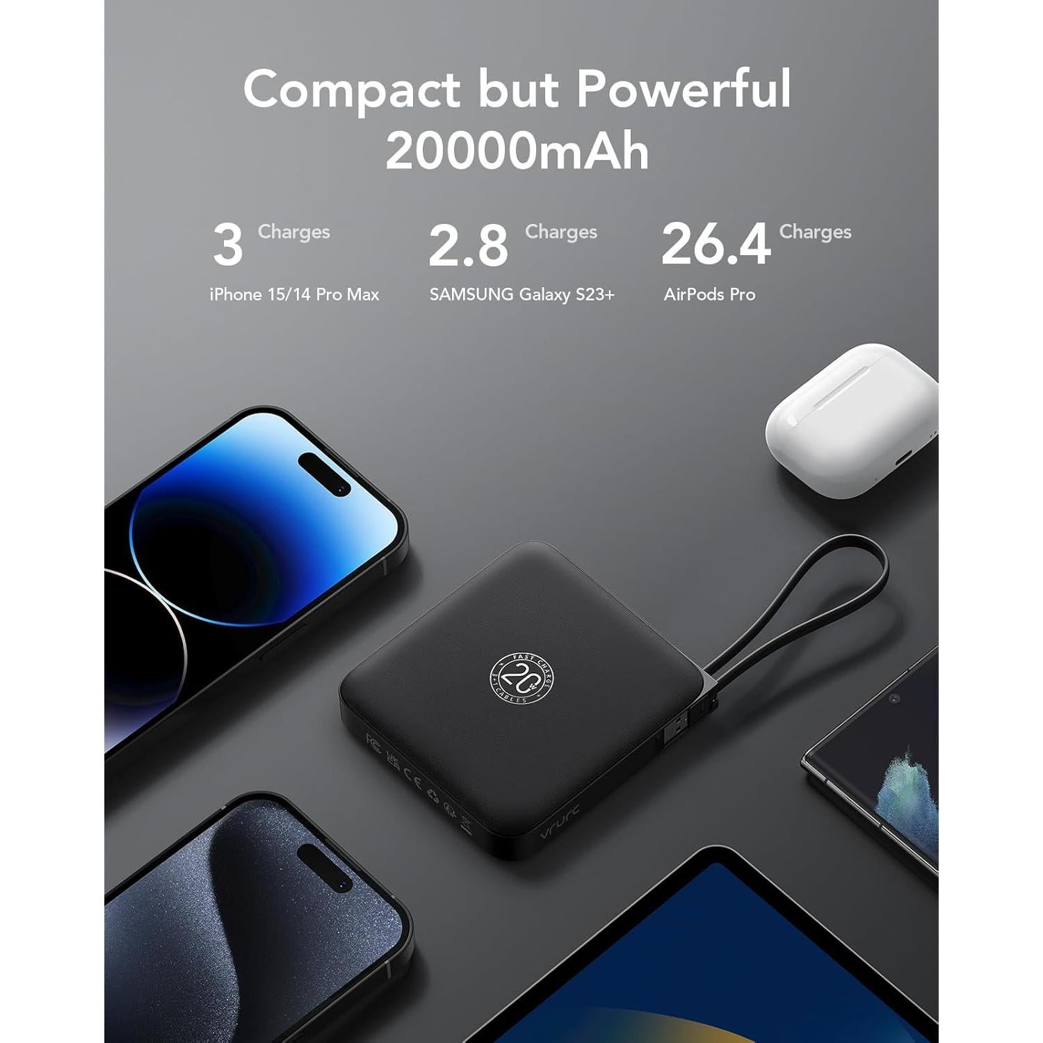 Cargador Portátil VRURC 20000mAh Carga Rápida 22.5W Negro