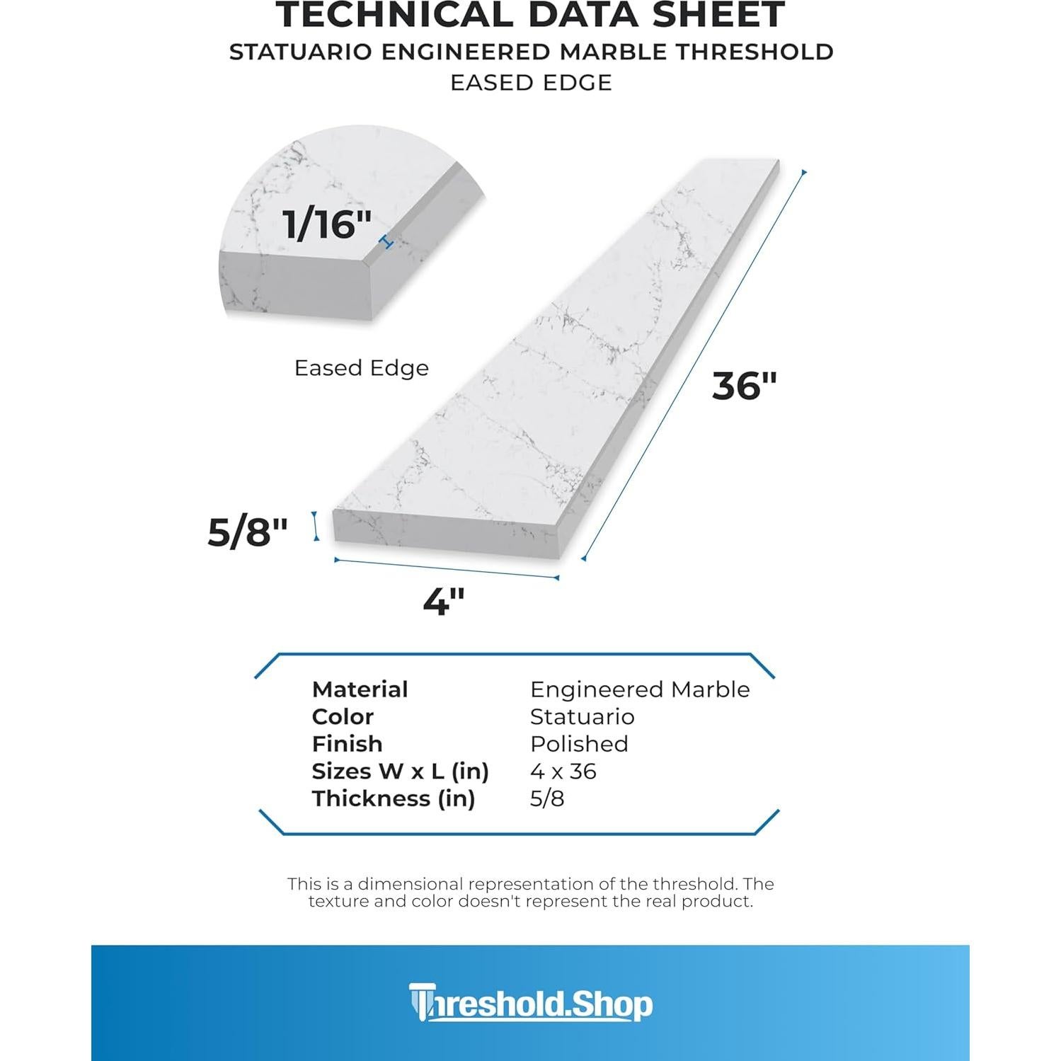 Umbral de Mármol Ingenierizado Statuario 10.16x91.44 cm