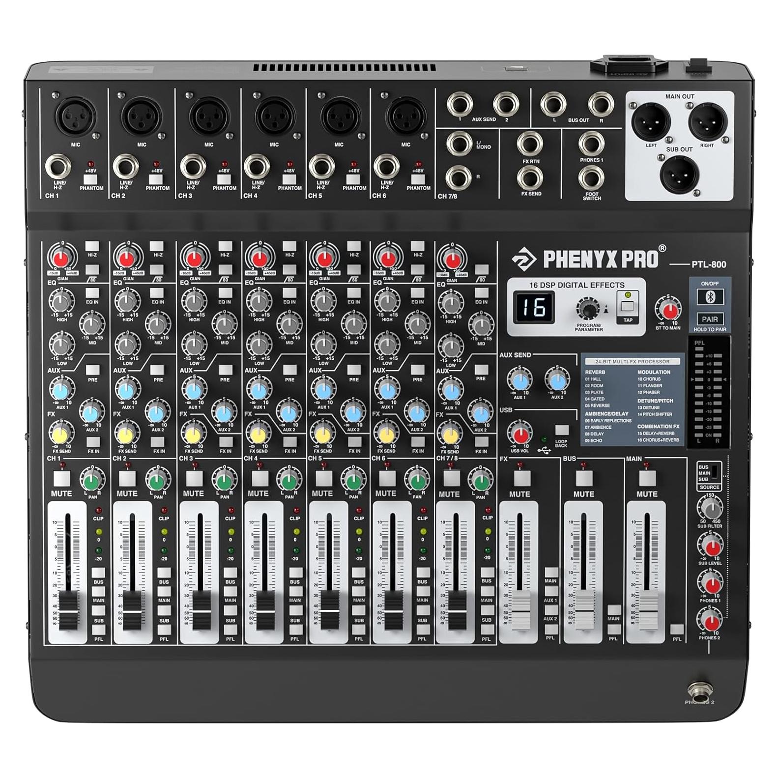 Mezclador de Audio 8 Canales Phenyx Pro PTL-800 con Bluetooth