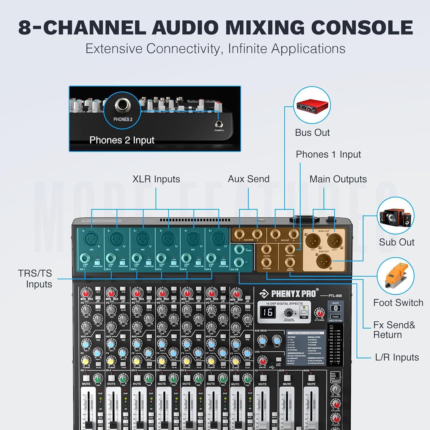 Mezclador de Audio 8 Canales Phenyx Pro PTL-800 con Bluetooth
