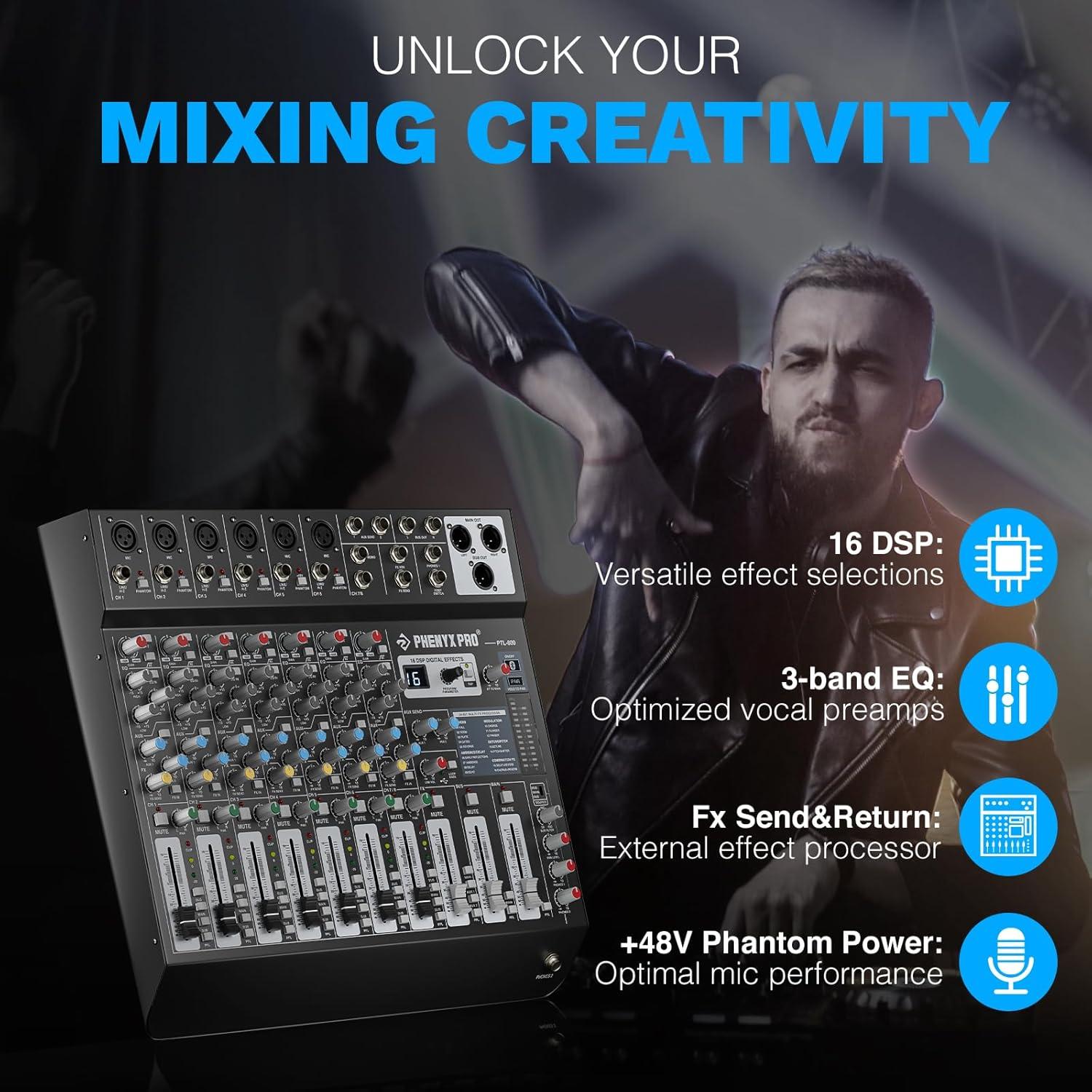 Mezclador de Audio 8 Canales Phenyx Pro PTL-800 con Bluetooth