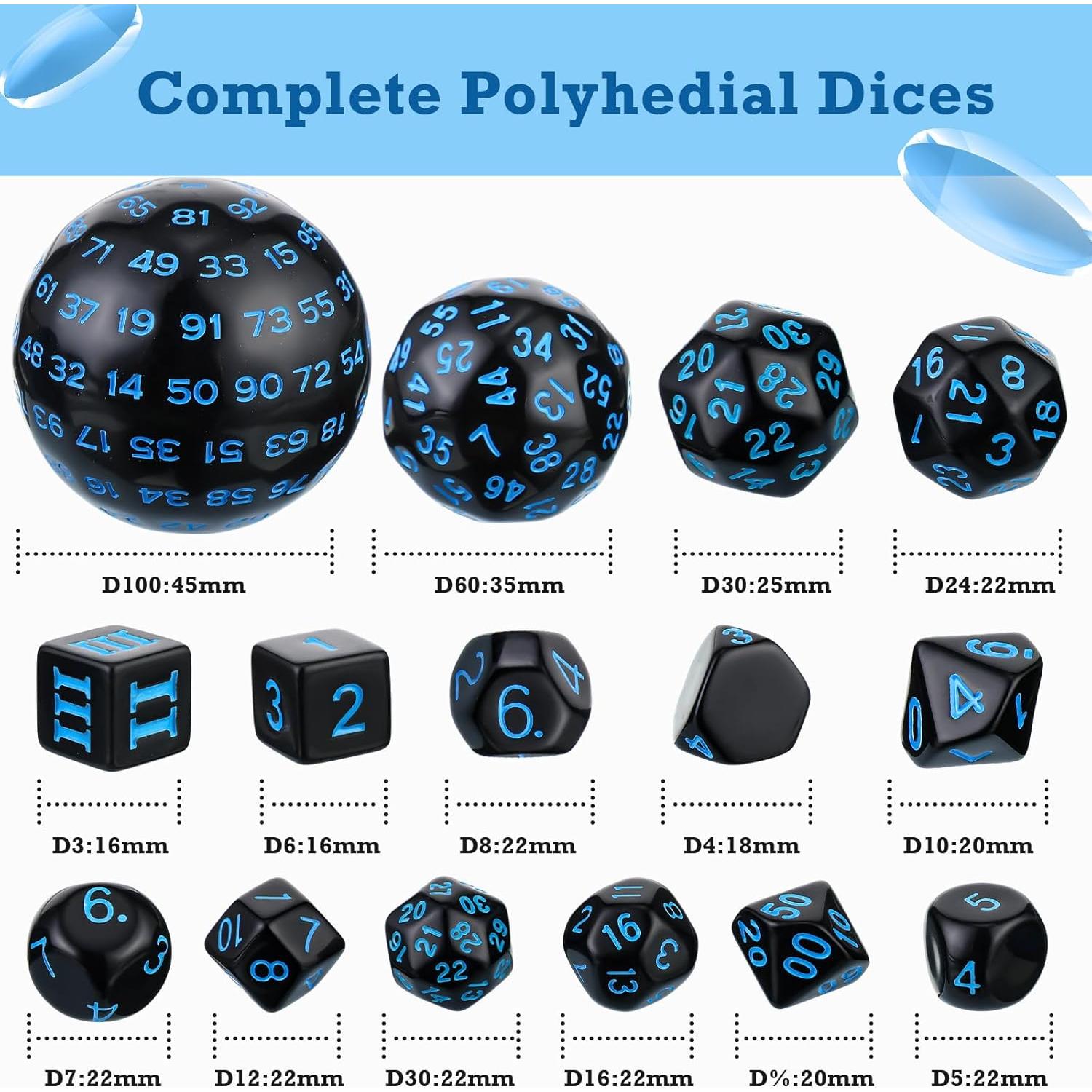 Conjunto de Dados Poliedricos Civaner 15 Piezas RPG Negro y Azul