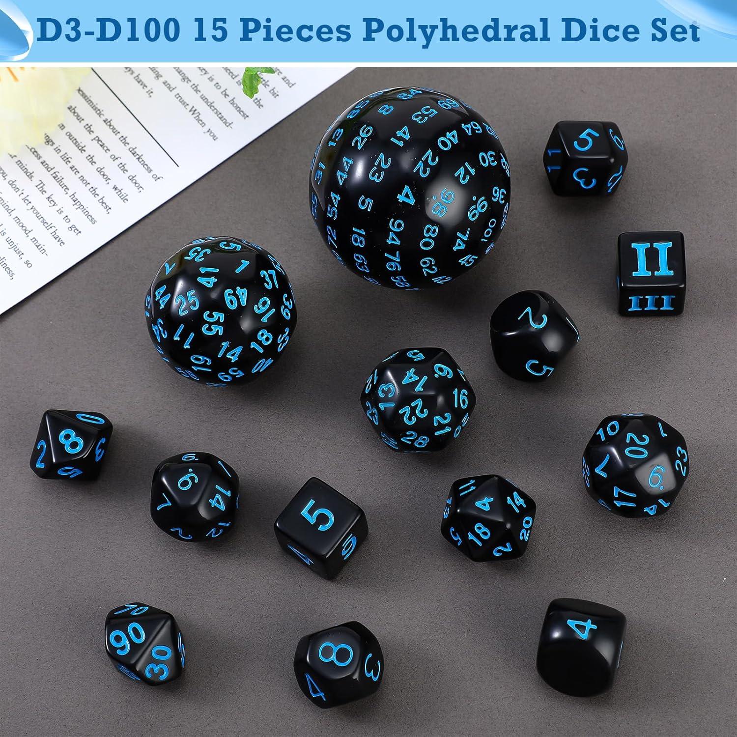 Conjunto de Dados Poliedricos Civaner 15 Piezas RPG Negro y Azul