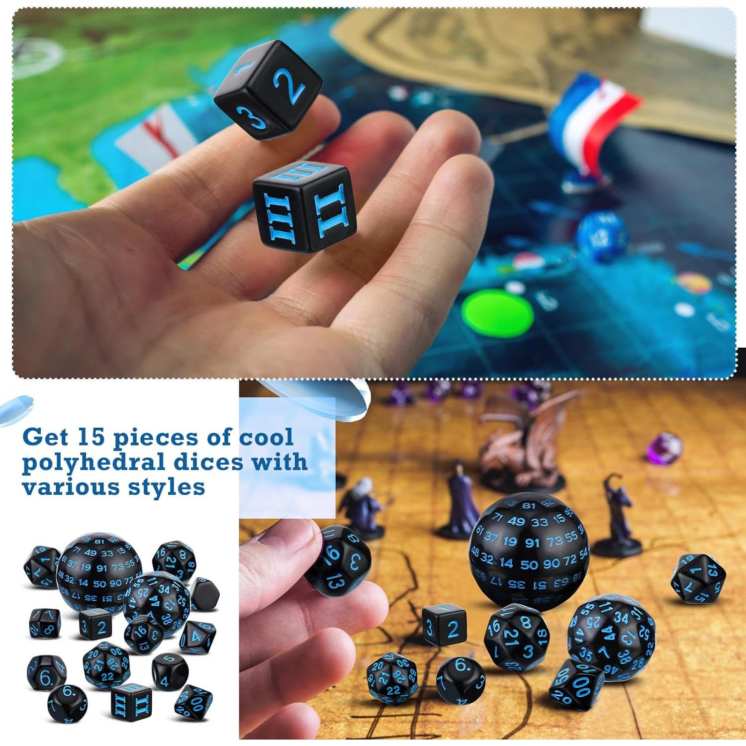 Conjunto de Dados Poliedricos Civaner 15 Piezas RPG Negro y Azul