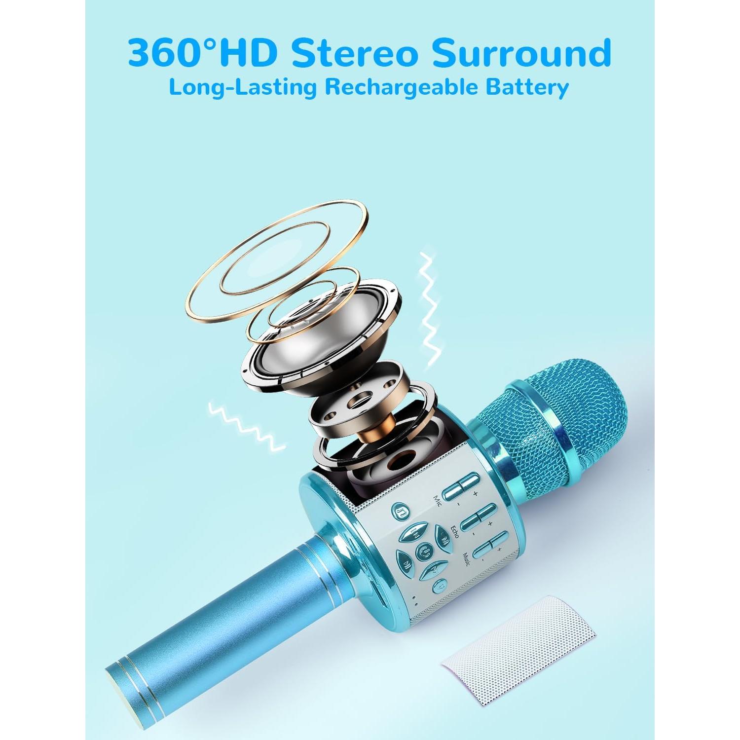 Micrófono Karaoke Amazmic Azul Bluetooth con Luces LED