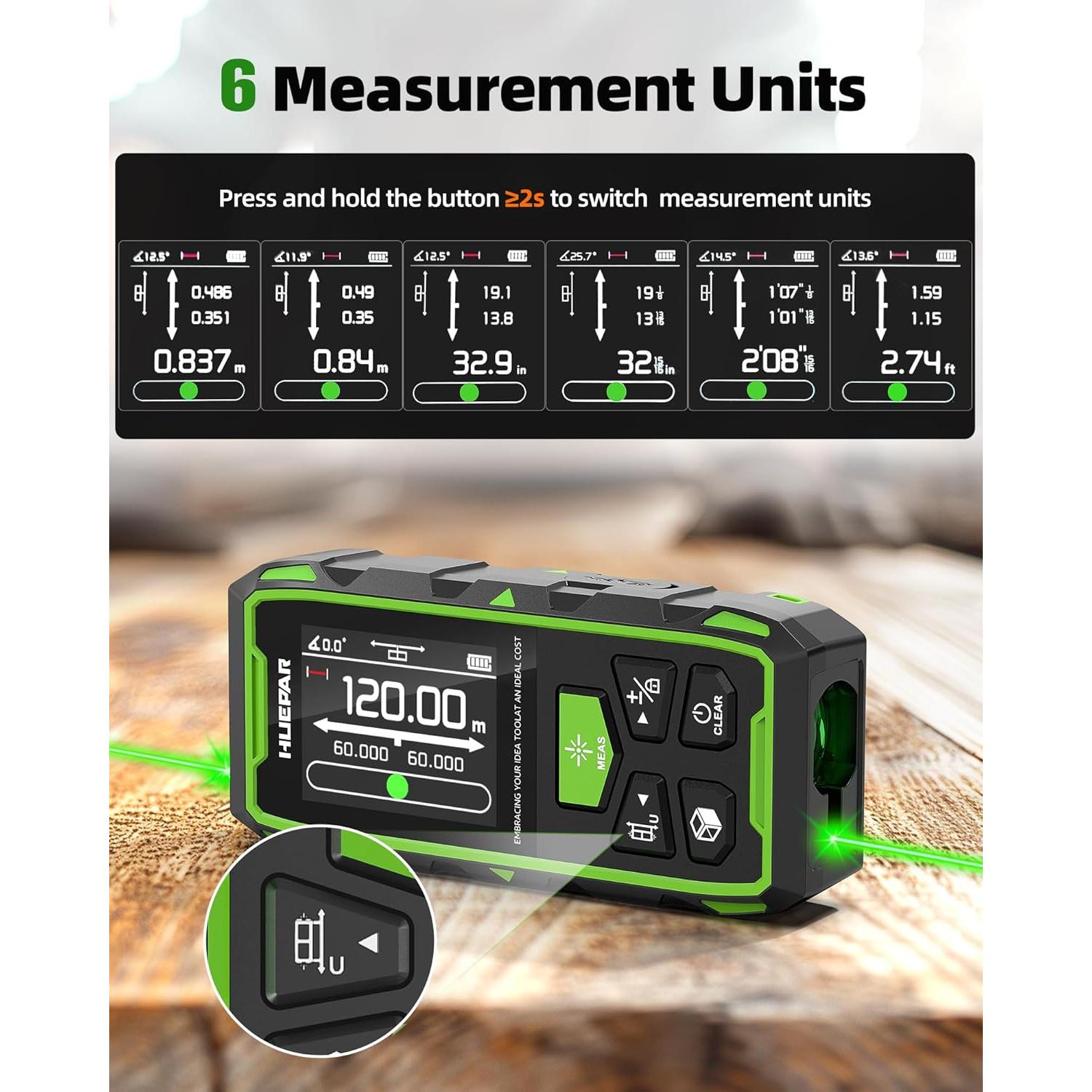 Medidor Láser Dual Huepar 393Ft Verde Recargable LCD