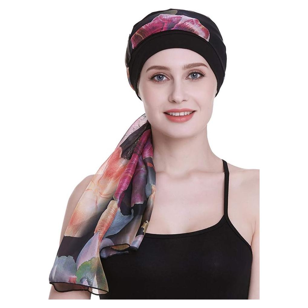 Gorro Quimioterapia Elegante con Bufanda Negra para Mujeres