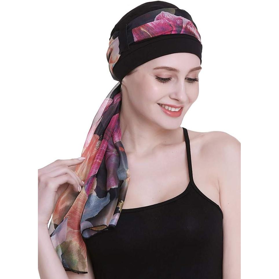 Gorro Quimioterapia Elegante con Bufanda Negra para Mujeres