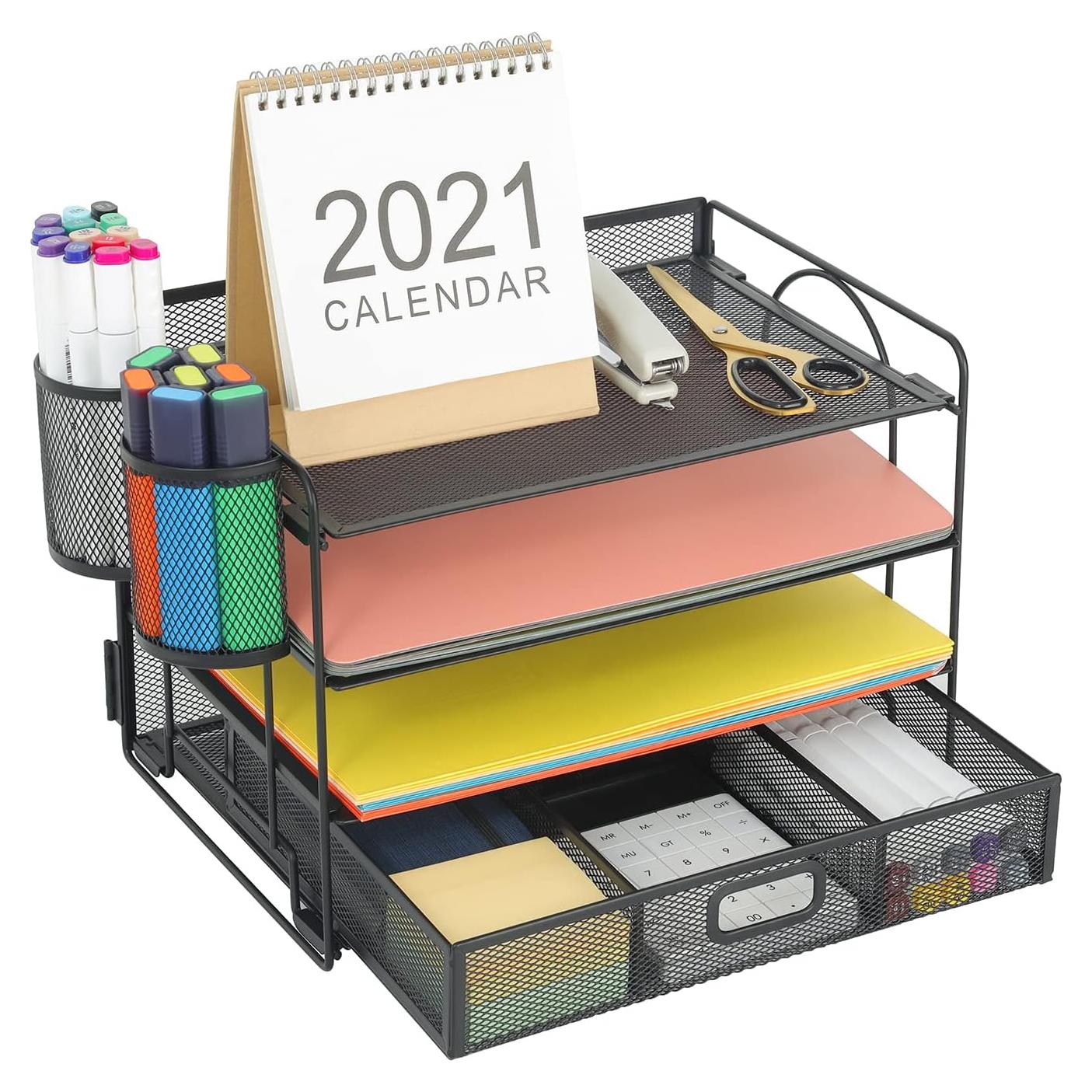 Organizador de Escritorio Marbrasse con Cajón y 4 Bandejas Negro